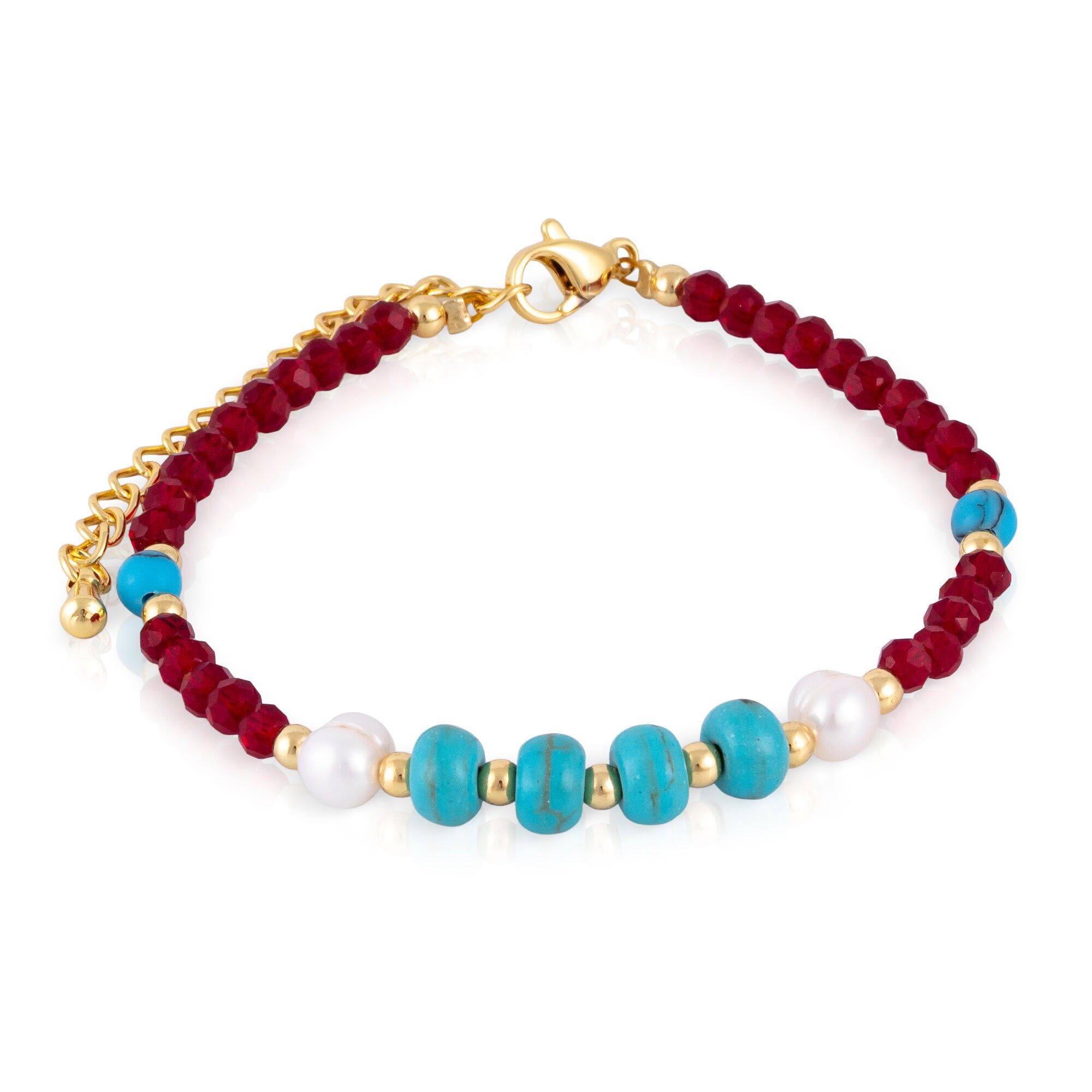 Armband aus Türkis, Kristall und Naturperlen mit Karabinerverschluss. Farbe: Mehrfarbig