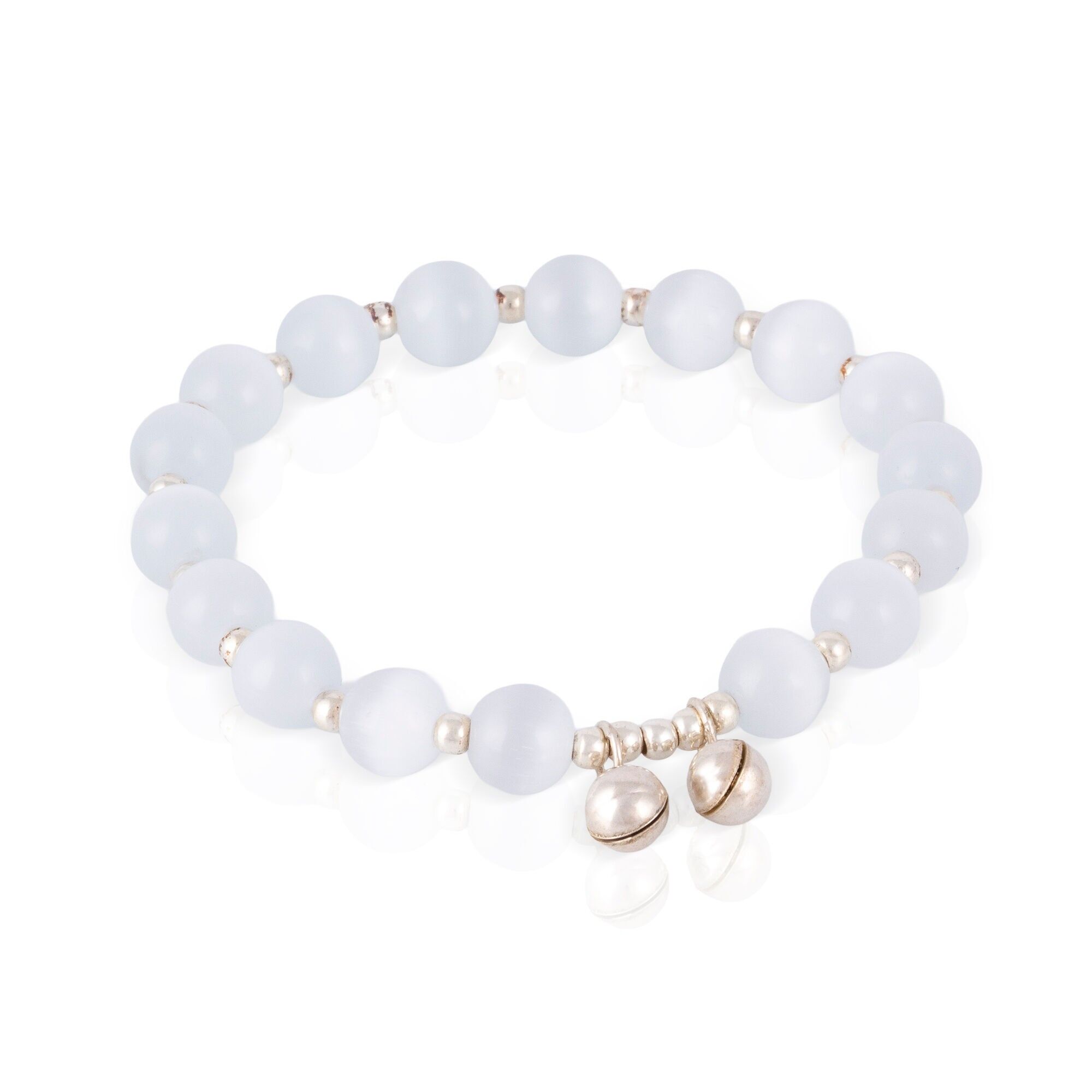 Elastisches Armband aus 925er Sterlingsilber mit Glöckchen und natürlichen Steinen im Katzenaugen-Stil.Farbe: Weiß