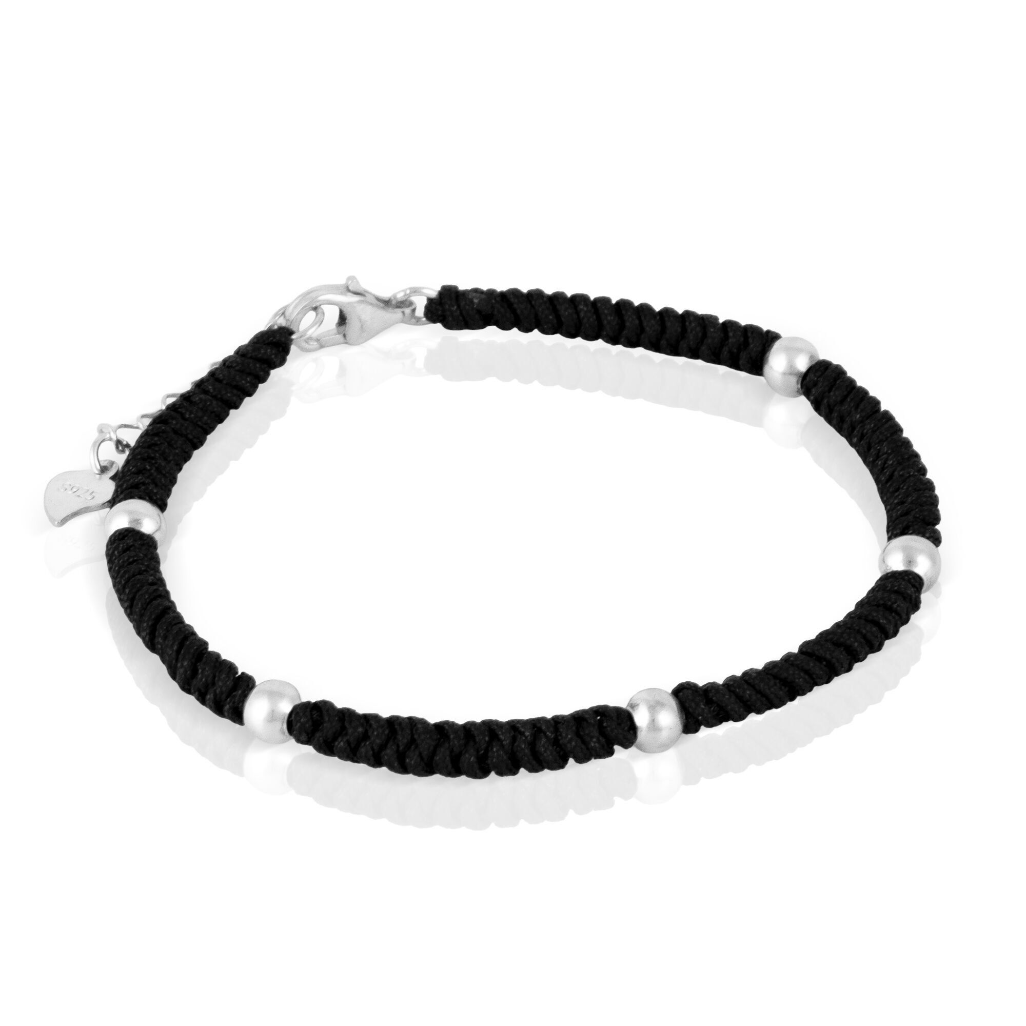 Schwarzes Armband aus gewickeltem Garn mit Details und einem Karabinerverschluss aus 925er Sterlingsilber. Farbe: Schwarz