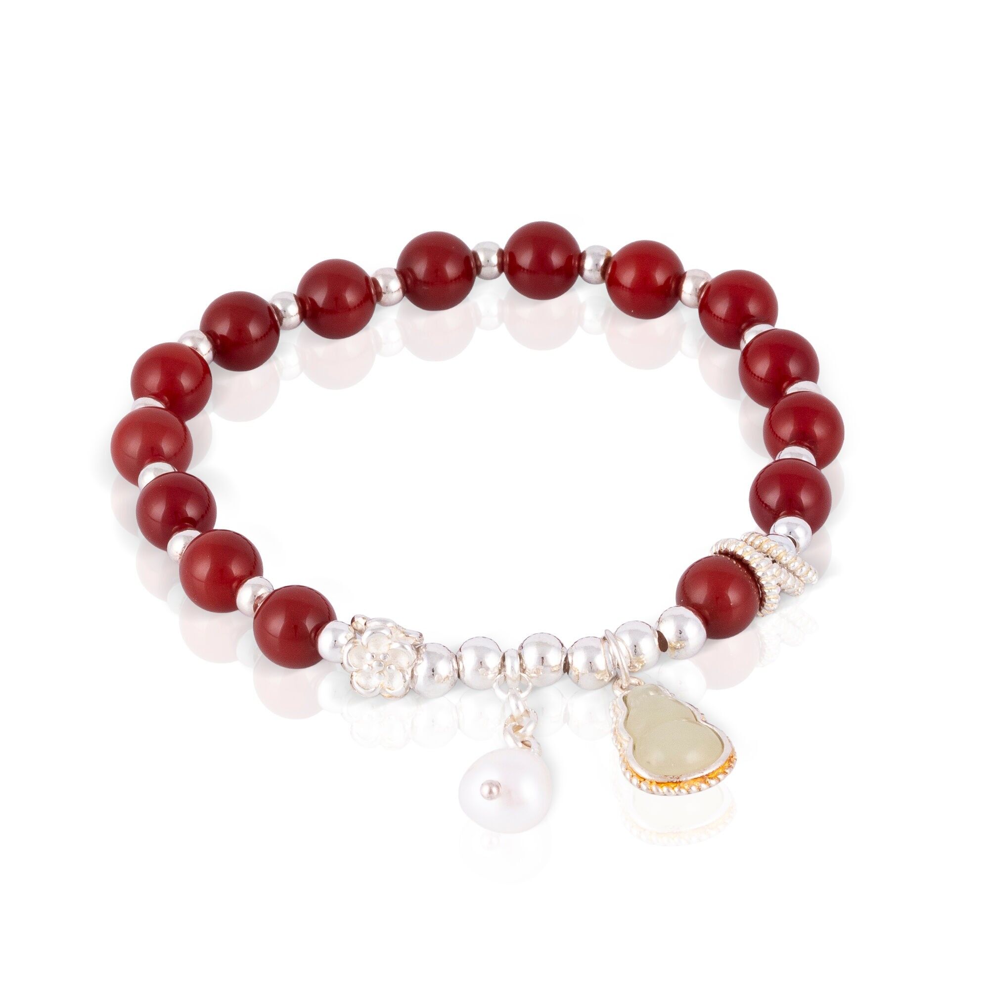 Elastisches Armband aus 925er Sterlingsilber mit Achat-Granat-Perlen. Farbe: Granatrot