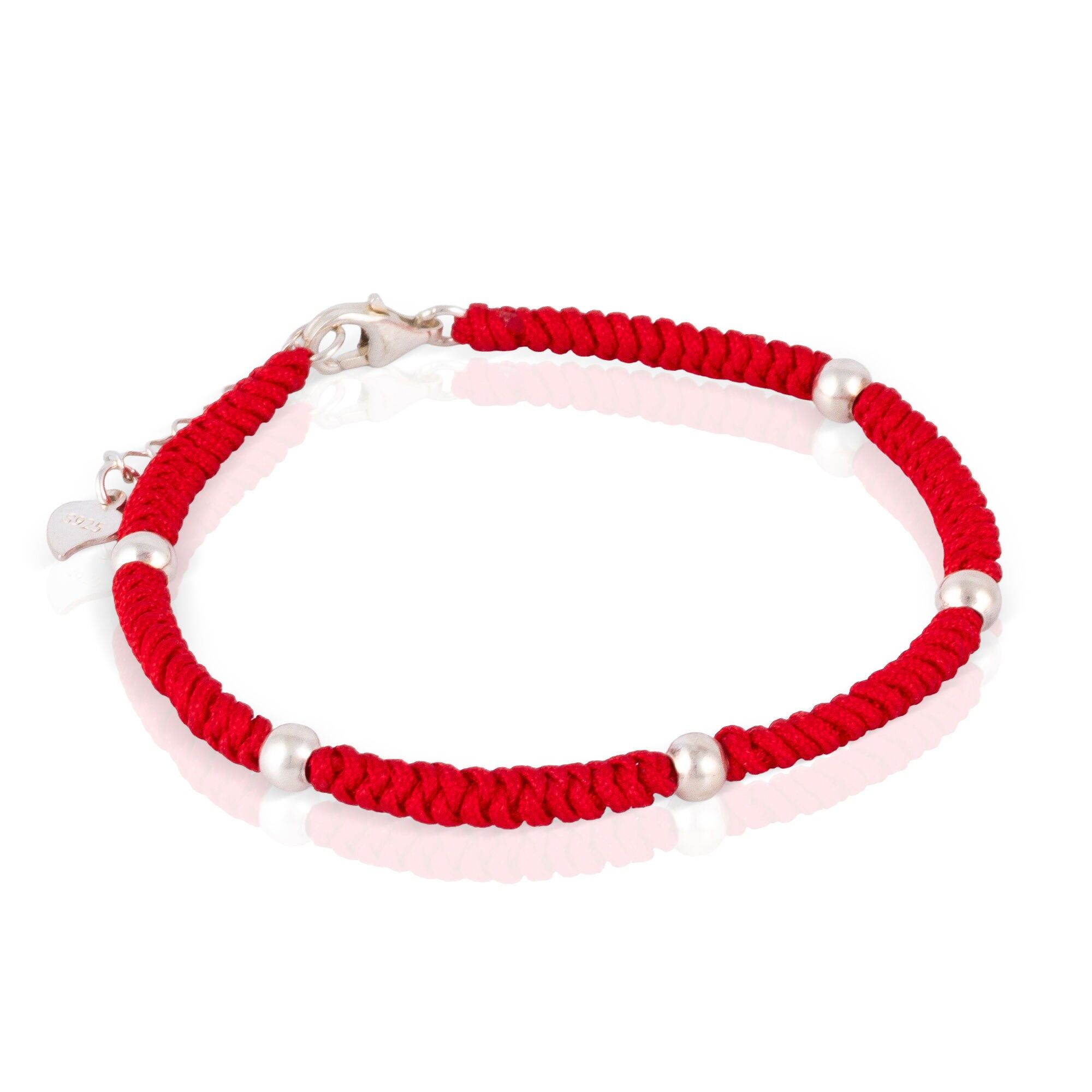 Rotes Armband aus gewickeltem Garn mit Verzierungen und einem Karabinerverschluss aus 925er Sterlingsilber.Farbe: Rot