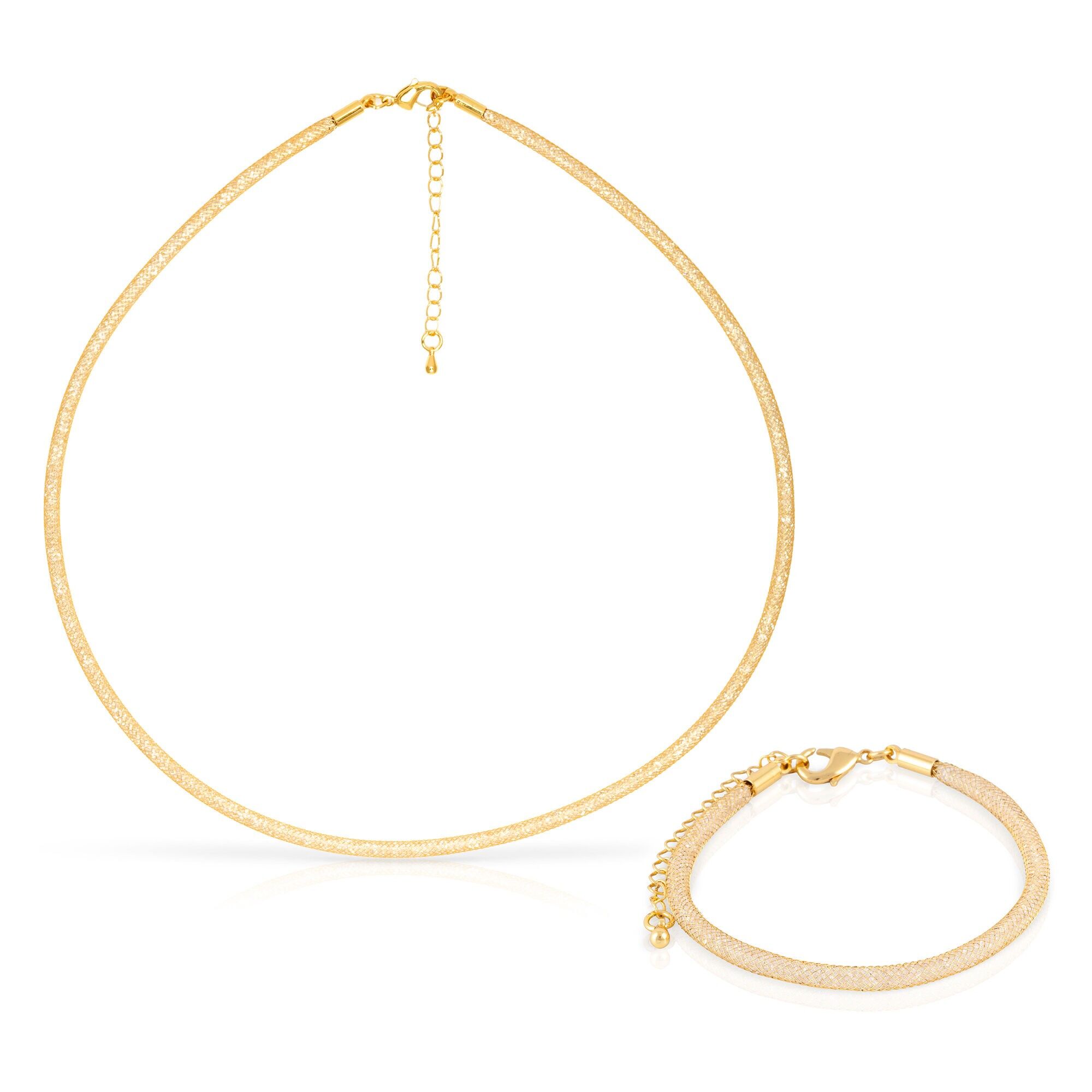 Collana e bracciale in maglia di rame placcato oro con imbottitura in cristalli scintillanti e chiusura a moschettone in rame placcato oro. Colore: Oro