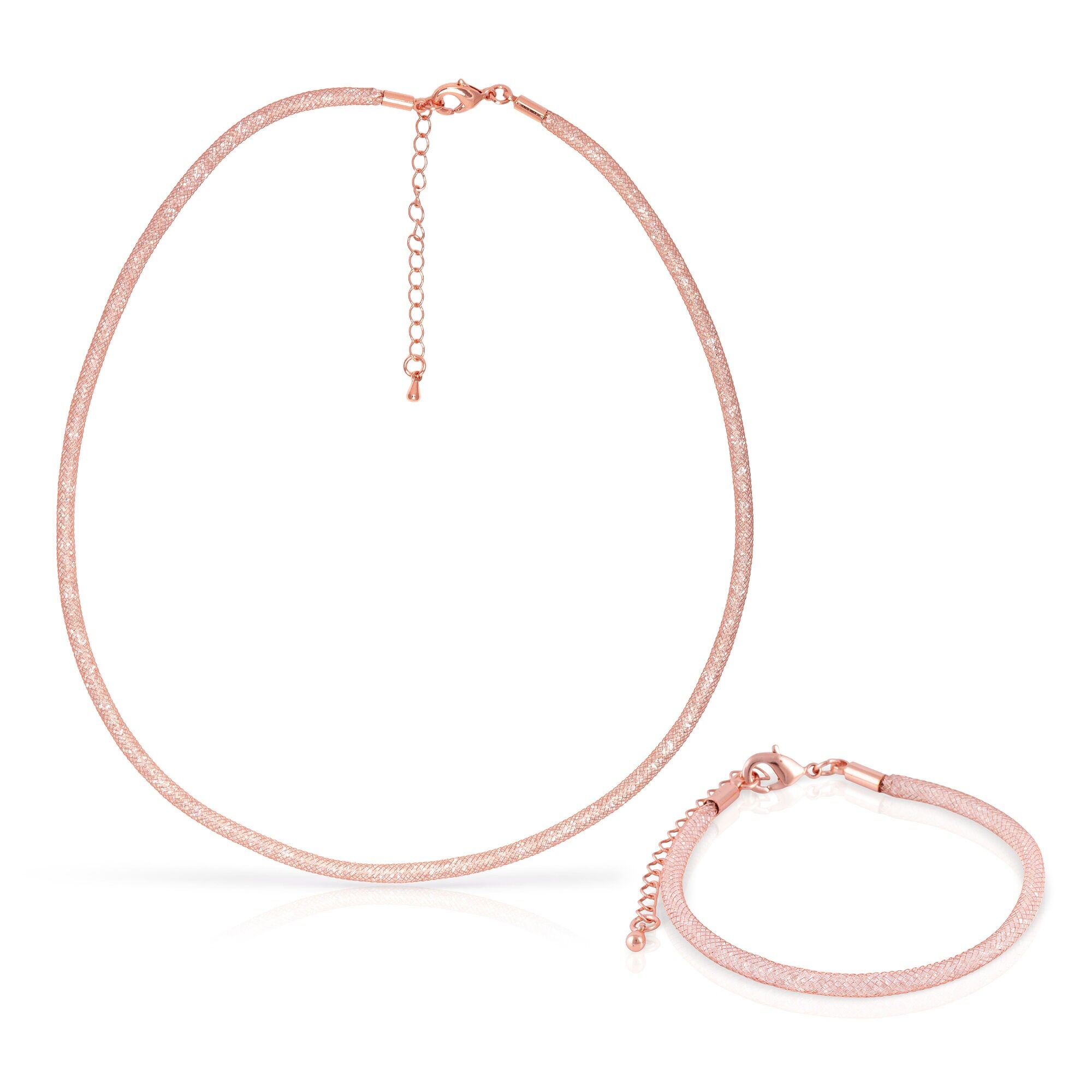Set de collar y pulsera rosas de malla de cobre con relleno de cristal brillante y cierre de mosquetón de cobre con acabado rosa. Color:Rosa