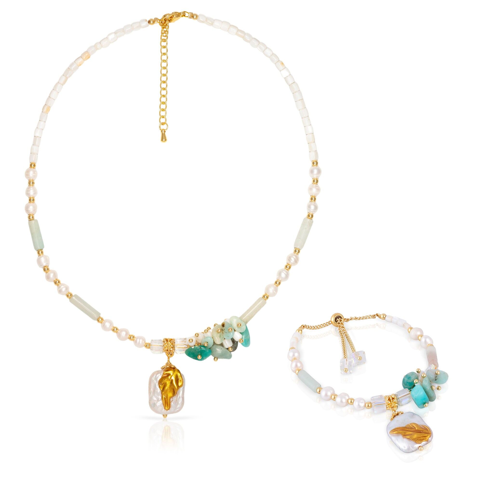 Set de pulsera y collar a juego con colgante cuadrado pintado, piedra aguamarina, conchas, lapislázuli y perlas naturales. Color:Multicolor