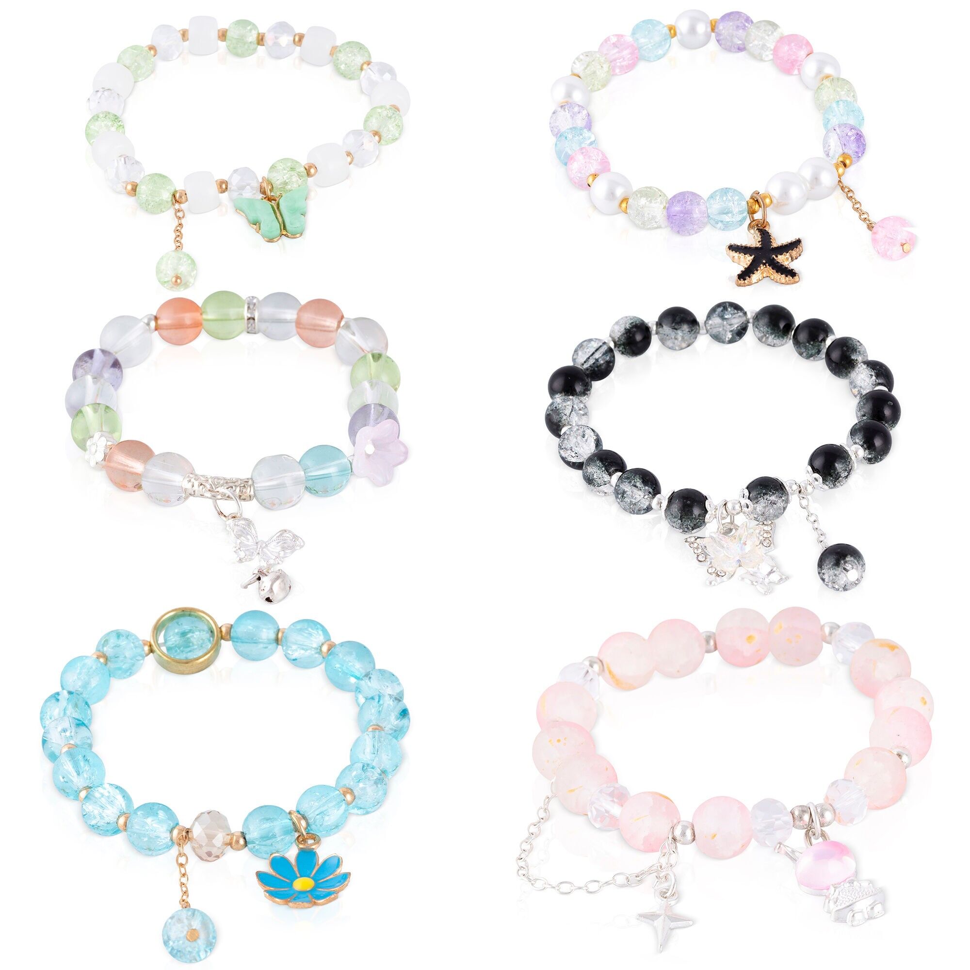 Set de 6 pulseras elásticas con cuentas de cristal y diseños multicolor, rosa, negro, azul, multicolor y verde. Color:Multicolor