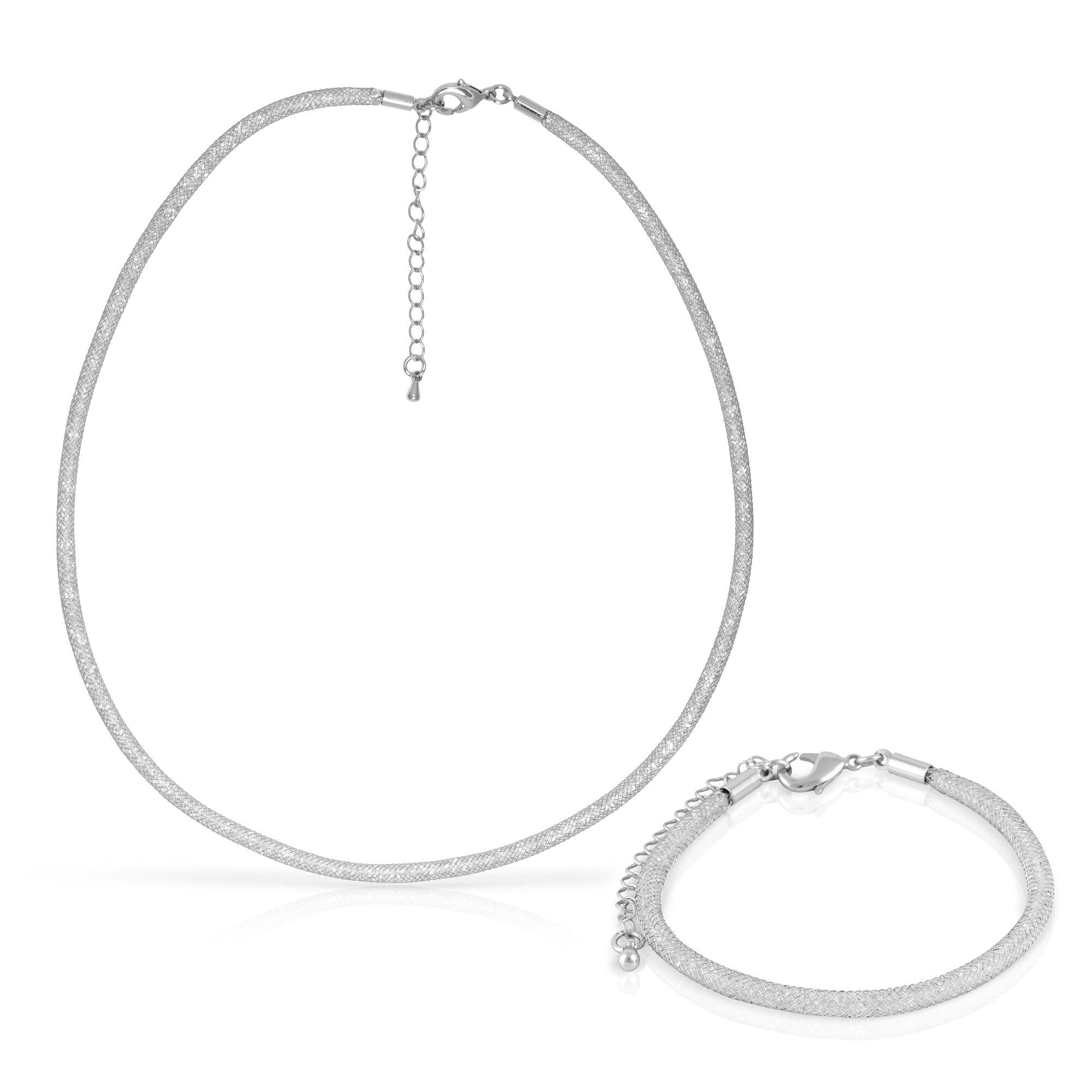 Set de collar y pulsera plateados de malla de cobre con relleno de cristal brillante y cierre de mosquetón de cobre plateado. Color:Plata