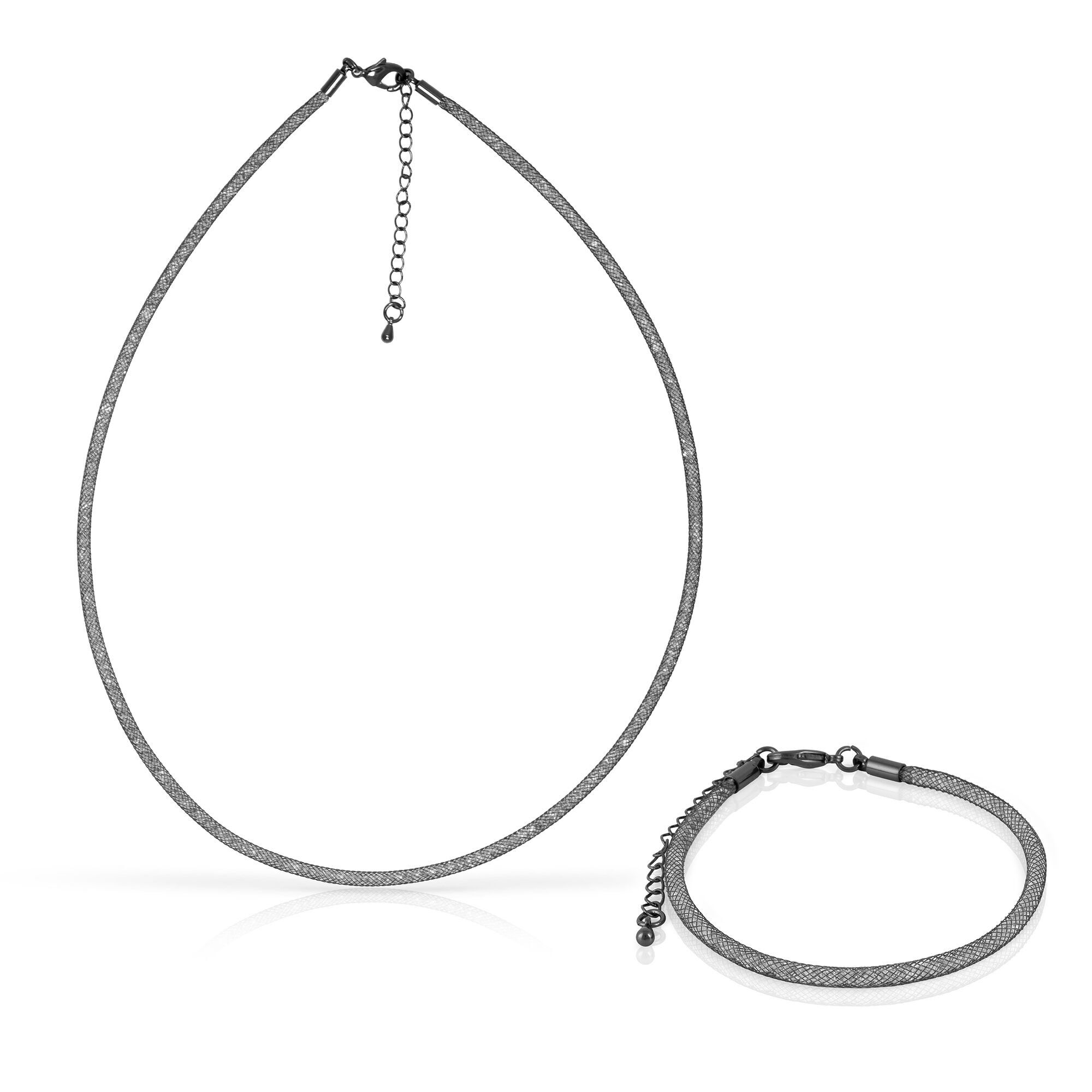 Set de collar y pulsera negros de malla de cobre con relleno de cristal brillante y cierre de mosquetón de cobre con acabado negro. Color:Negro