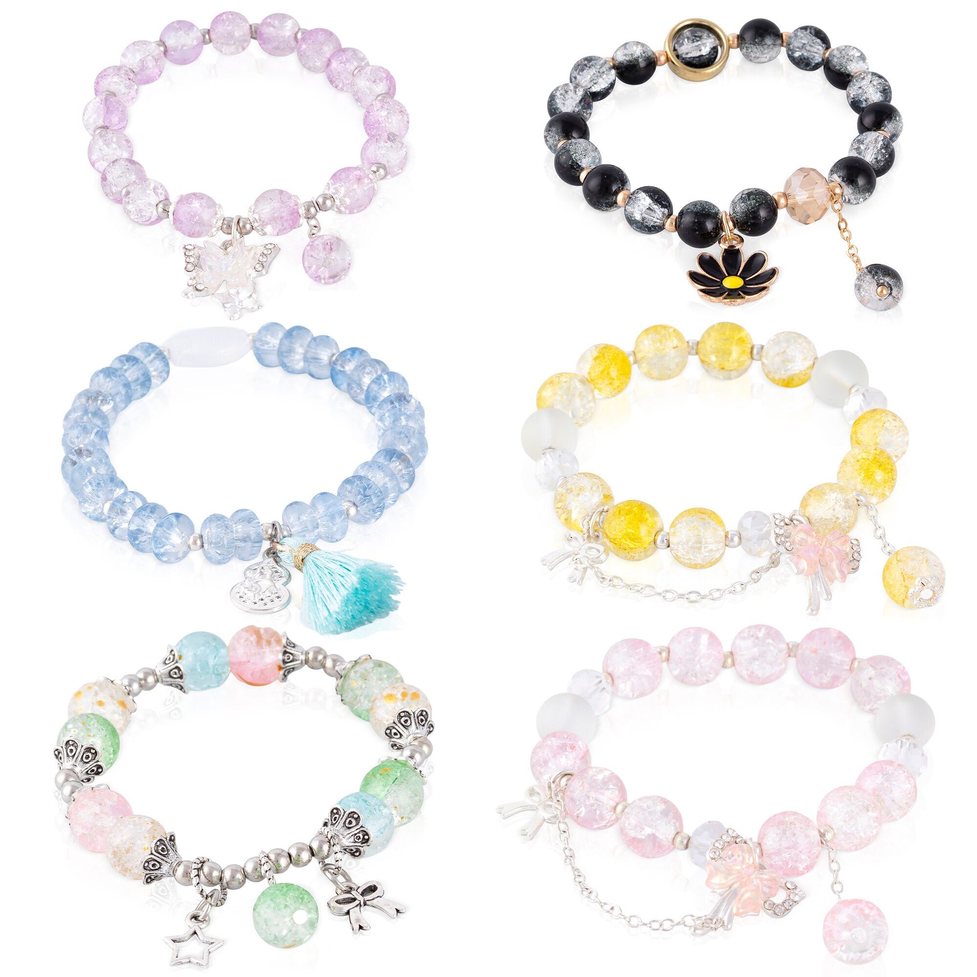 Set de 6 pulseras elásticas con cuentas de cristal y diseños amarillo, rosa, negro, azul, morado y multicolor. Color:Multicolor