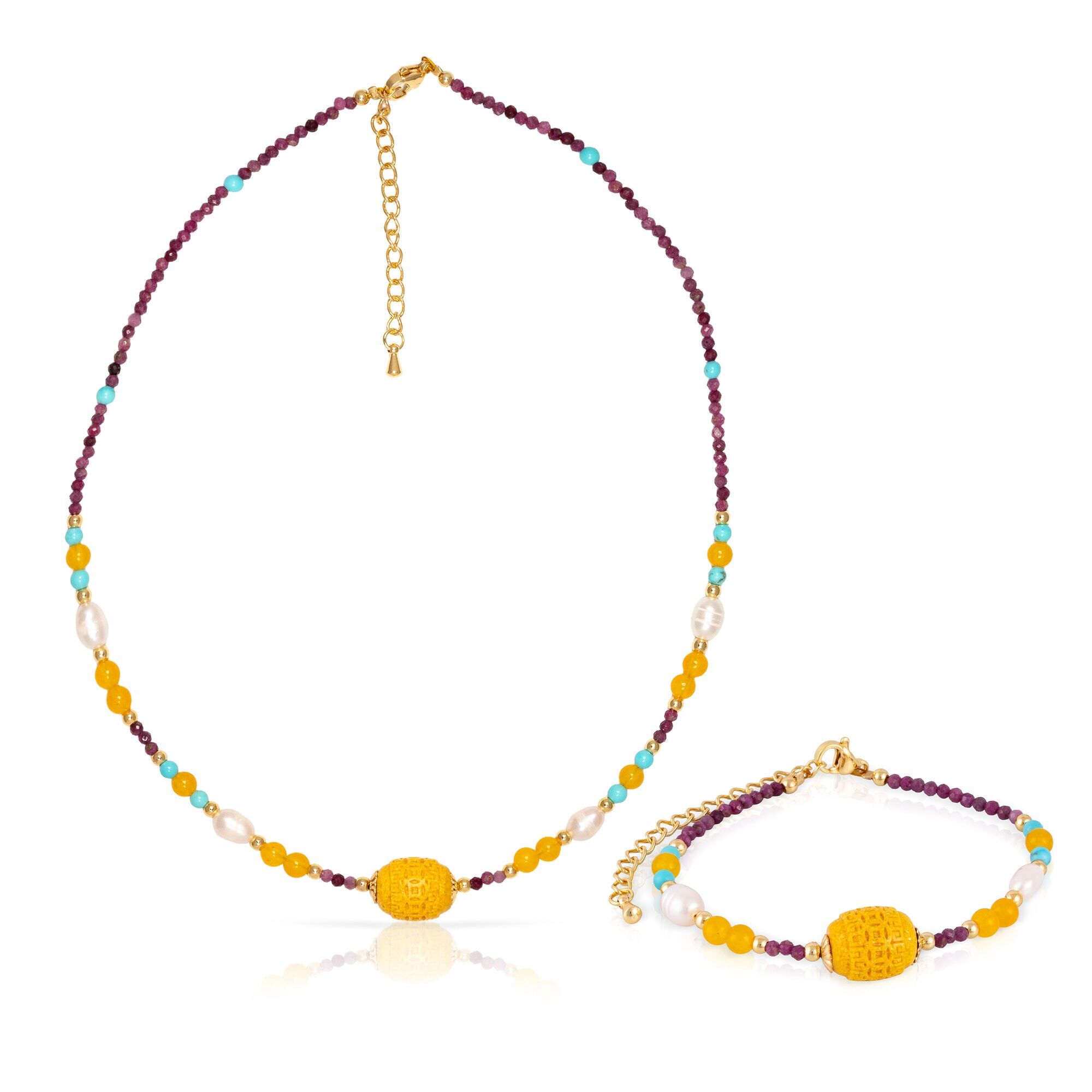 Set composto da bracciale e collana coordinati in crisoberillo, tormalina, citrino, turchese e perle naturali con chiusura a moschettone. Colore:Multicolore