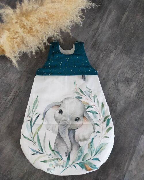 Gigoteuse bébé taille 1 ( 0 à 6 mois), thème ELEPHANT et double gaze BLEU CANARD et doré, turbulette bébé, cadeau de naissance, maternité, décoration