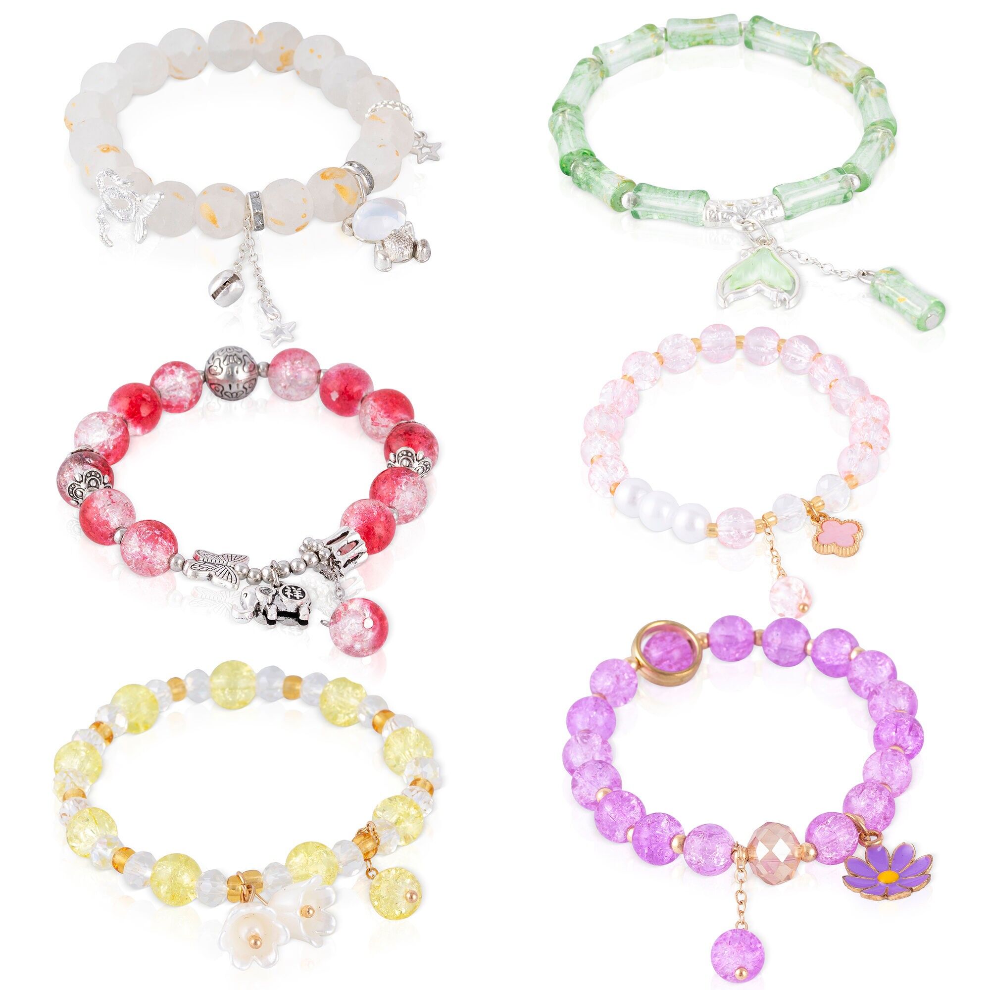 Set di 6 braccialetti elastici con perline di cristallo e motivi nei colori giallo, bianco, marrone, viola, verde e rosa. Colore:Multicolore