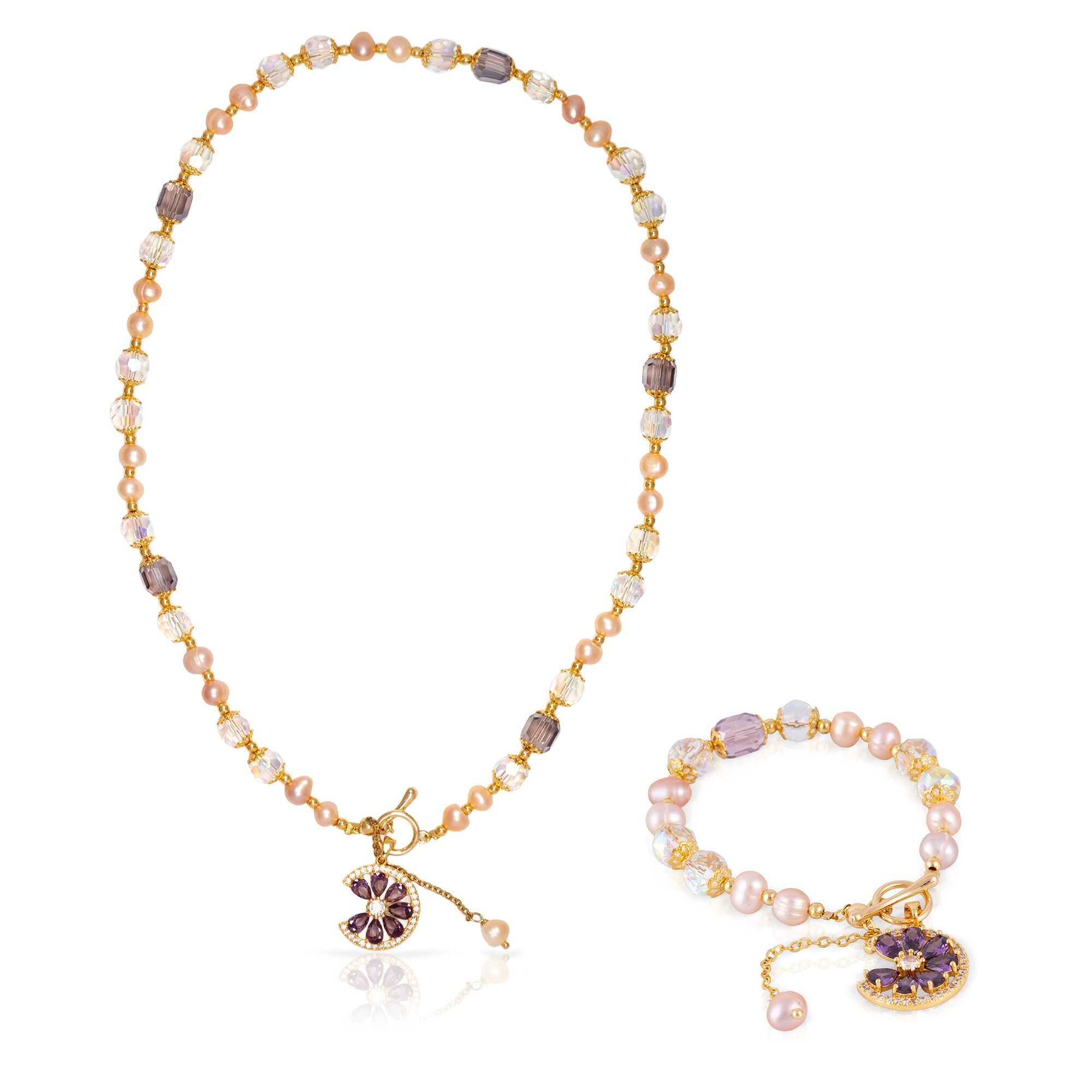 Set composto da bracciale e collana coordinati con ciondolo a forma di margherita, zirconi cubici multicolori, cristalli scintillanti bifacciali e perle naturali. Colore:Multicolore