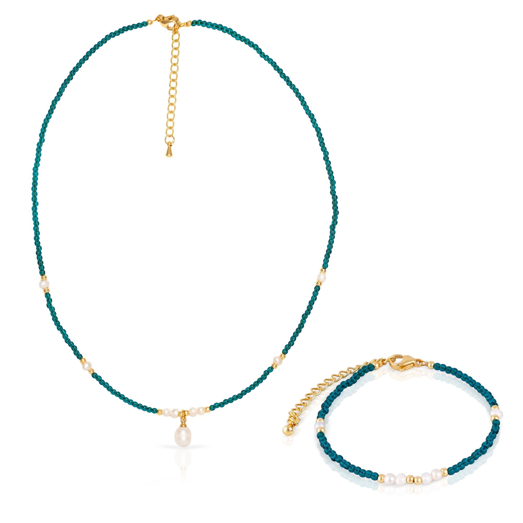 Set composto da bracciale e collana coordinati in fosfato blu e perle naturali con chiusura a moschettone. Colore:Multicolore
