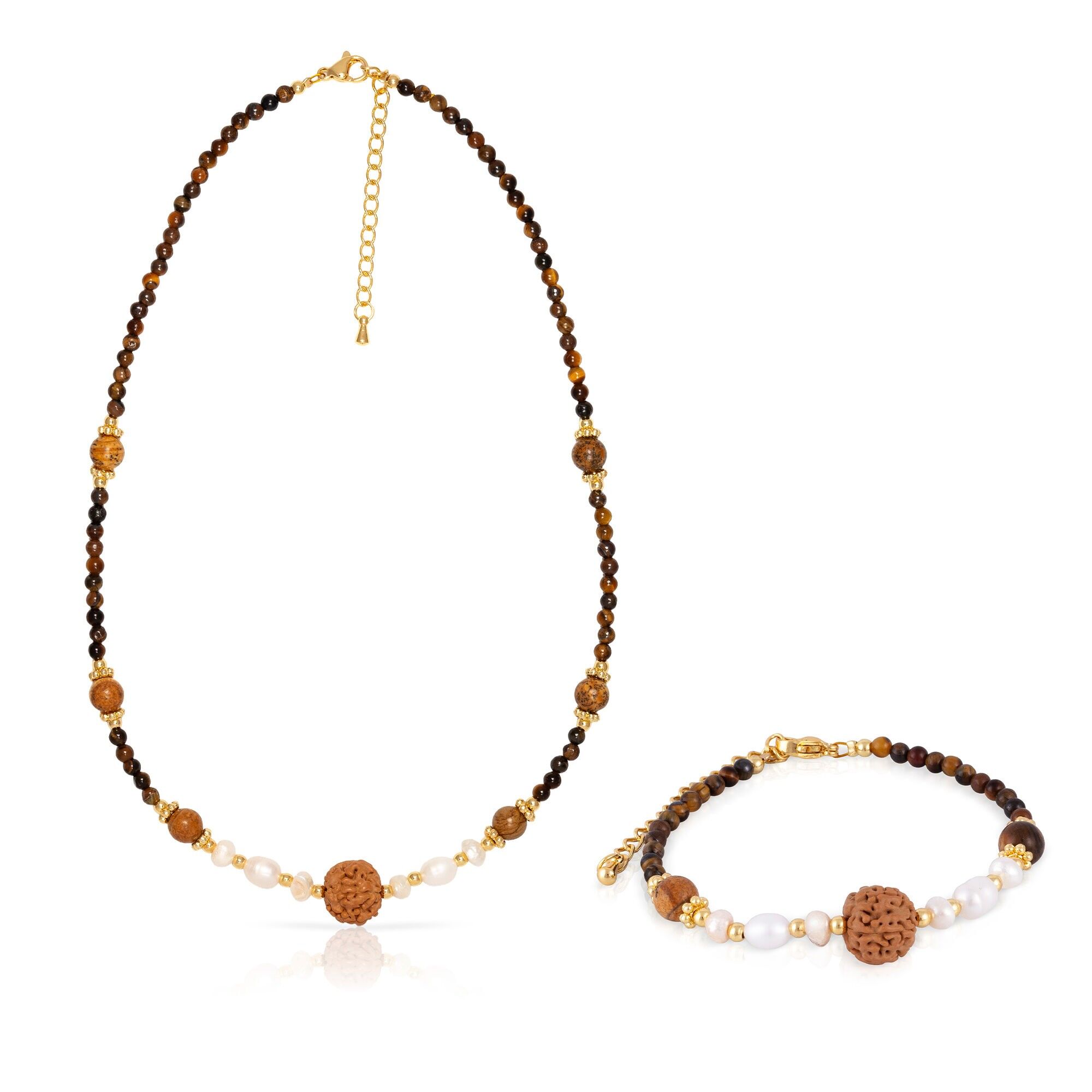 Set composto da bracciale e collana coordinati, realizzati con perle di occhio di tigre, perle naturali e perline di Buddha con chiusura a moschettone. Colore:Multicolore