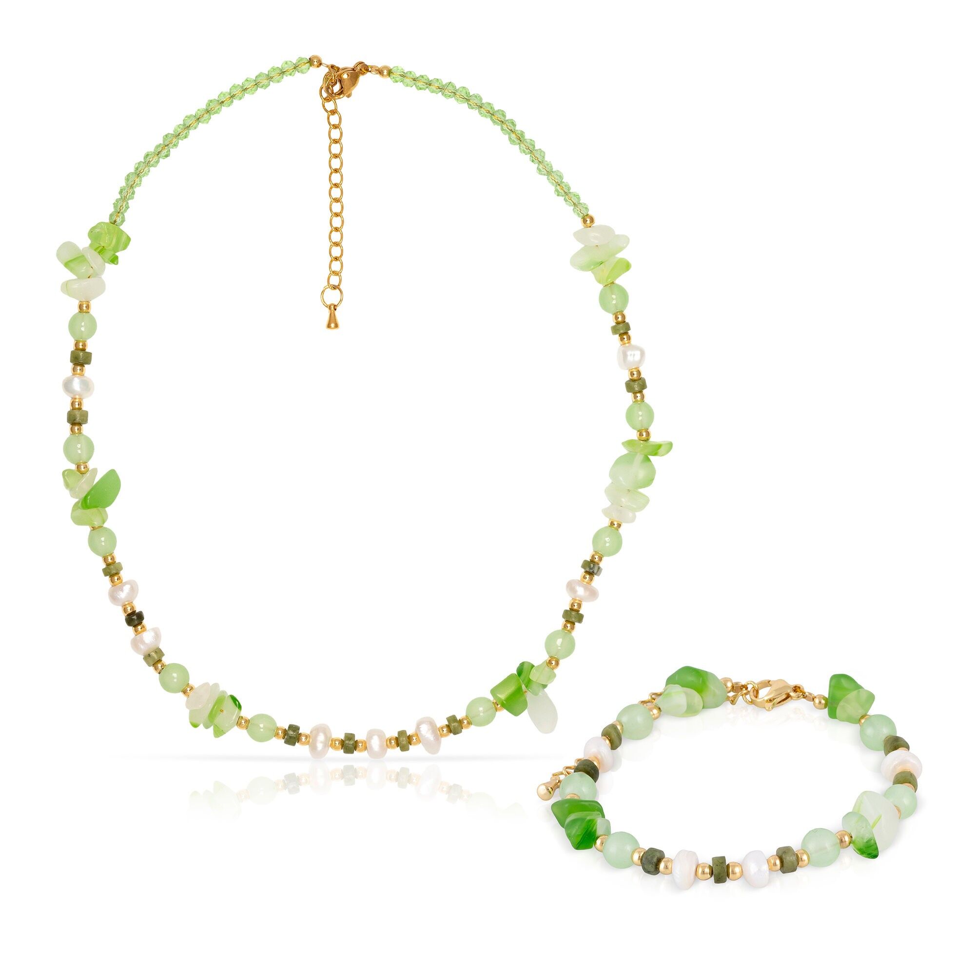 Set composto da bracciale e collana coordinati. Modello in agata verde e perle naturali, con chiusura a moschettone. Colore:Multicolore