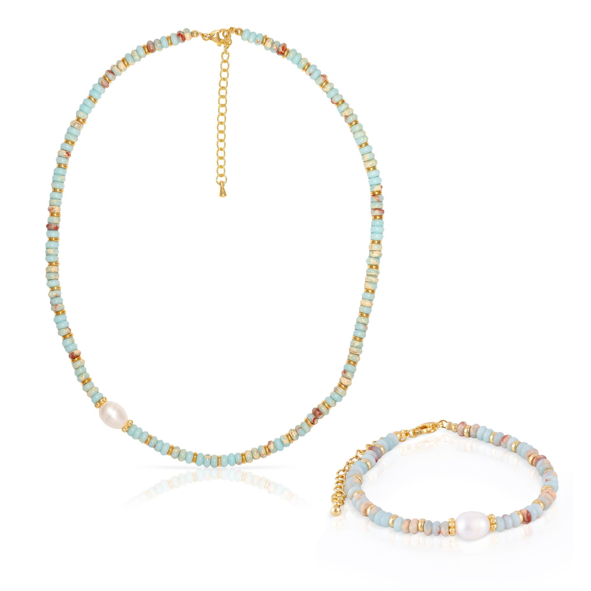 Set composto da bracciale e collana coordinati realizzati con pietre Shoushan, perla bianca naturale e chiusura a moschettone. Colore:Multicolore