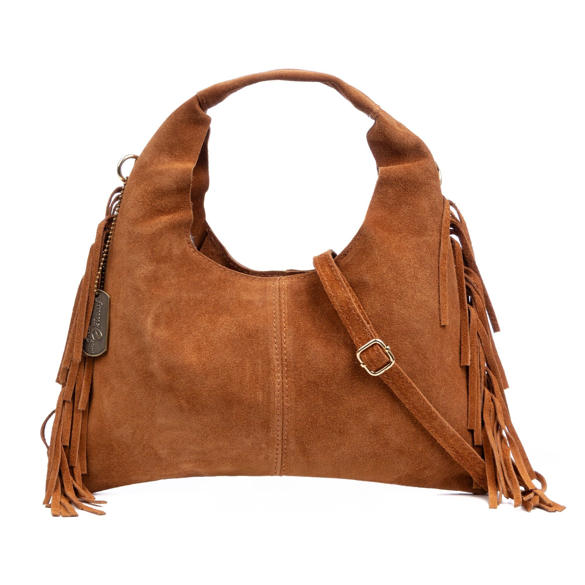 Barisciano Damen-Schultertasche. Echtes Wildleder mit Fransen.