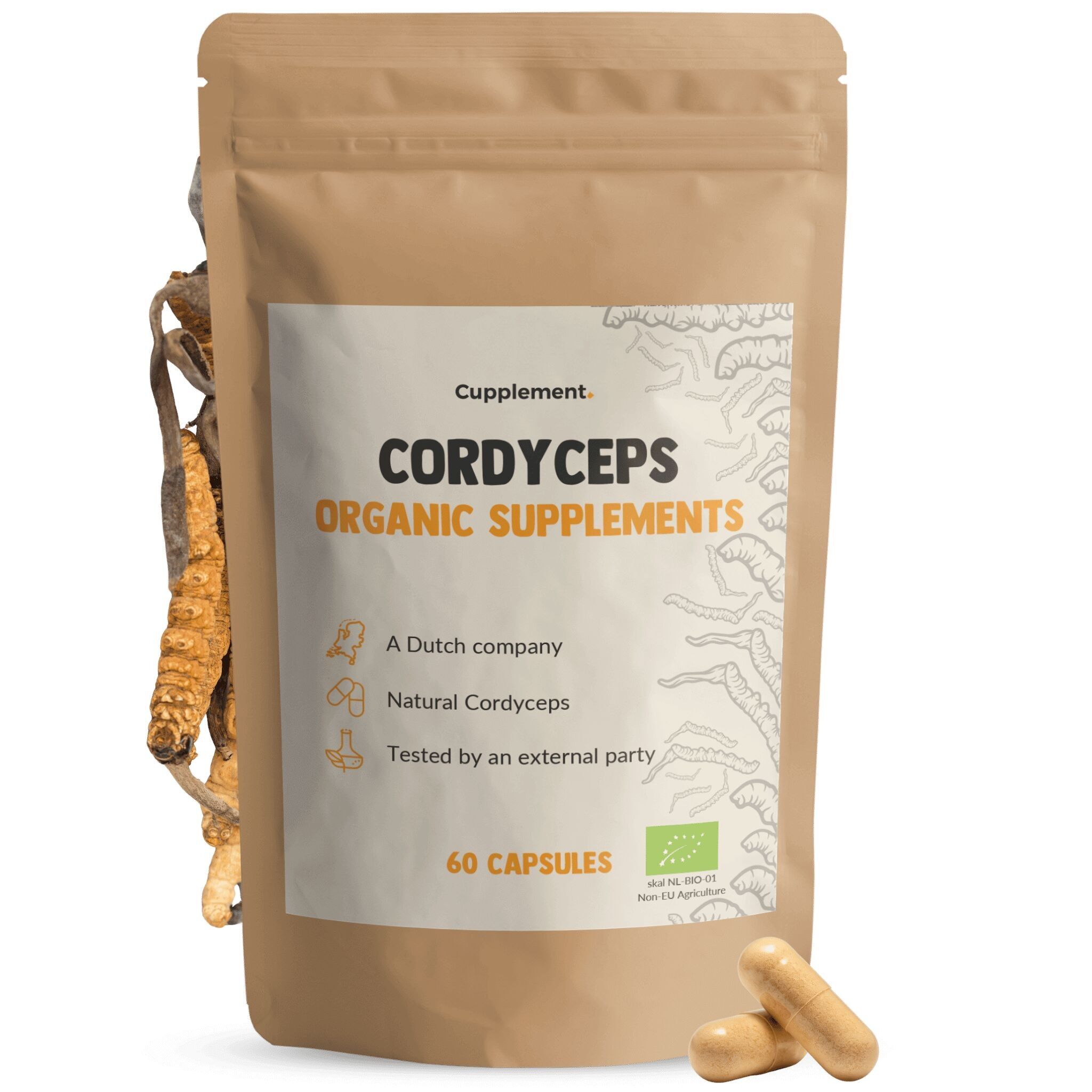 Complemento Cordyceps 500 mg Orgánico - Hongo - Energía - Hongo - Suministro para 30 días por bolsa