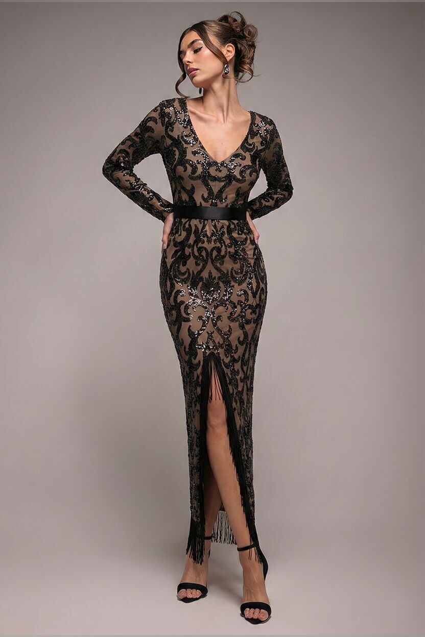 Goddiva Maxikleid mit Quasten und Pailletten sowie vorderem Schlitz DR4006