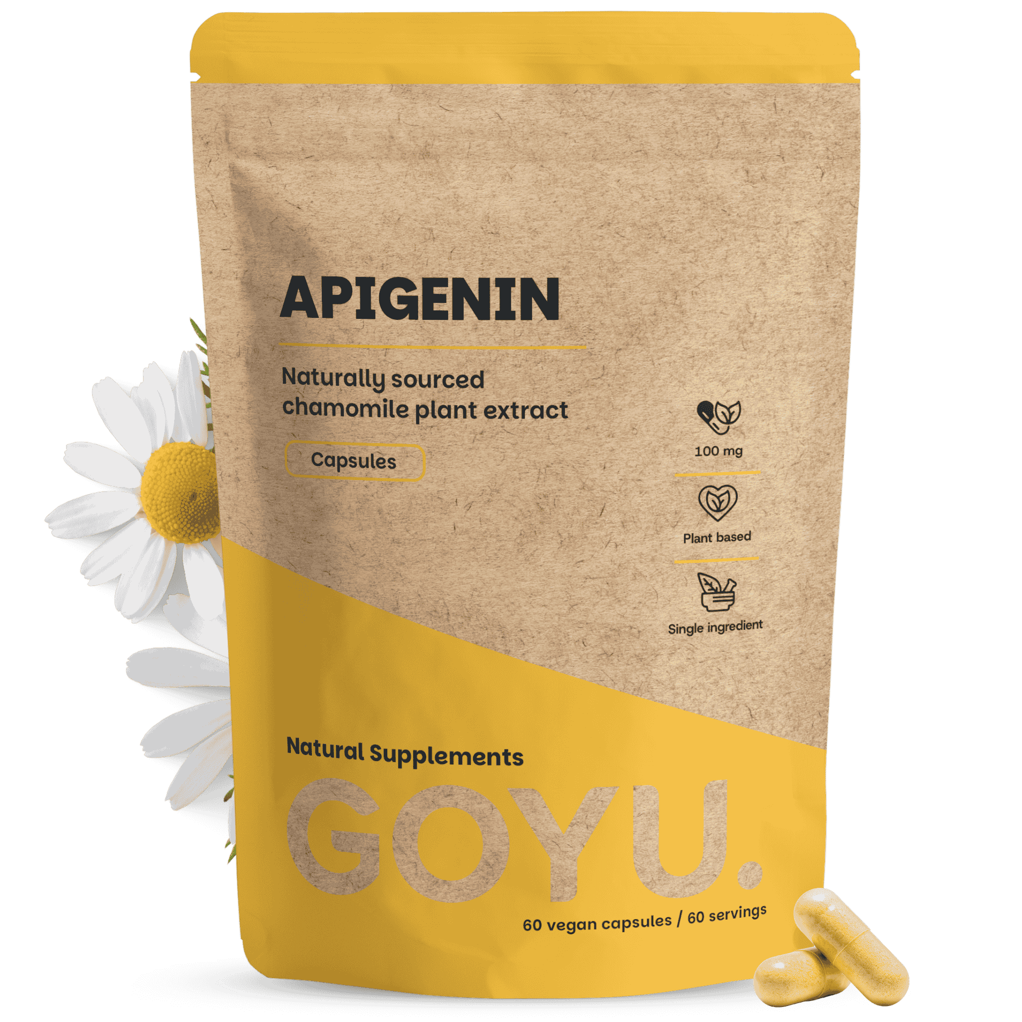 GOYU Apigenin Extract 100 mg - Apigenin Capsule Supplement, 60 pieces (2-month supply) - 98% extract, 100mg per capsule, chamomile extract, high-dose flavonoid complex for relaxation & inner peace, vegan, produced in the Netherlands, 60