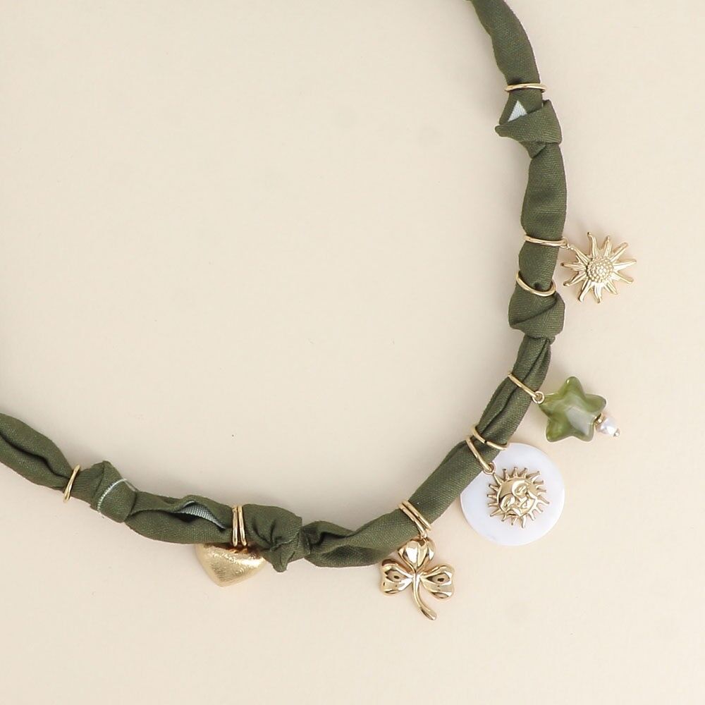 Necklace - ribbon, charms (brushed heart, clover, sun, mother-of-pearl coin, resin star, flower)