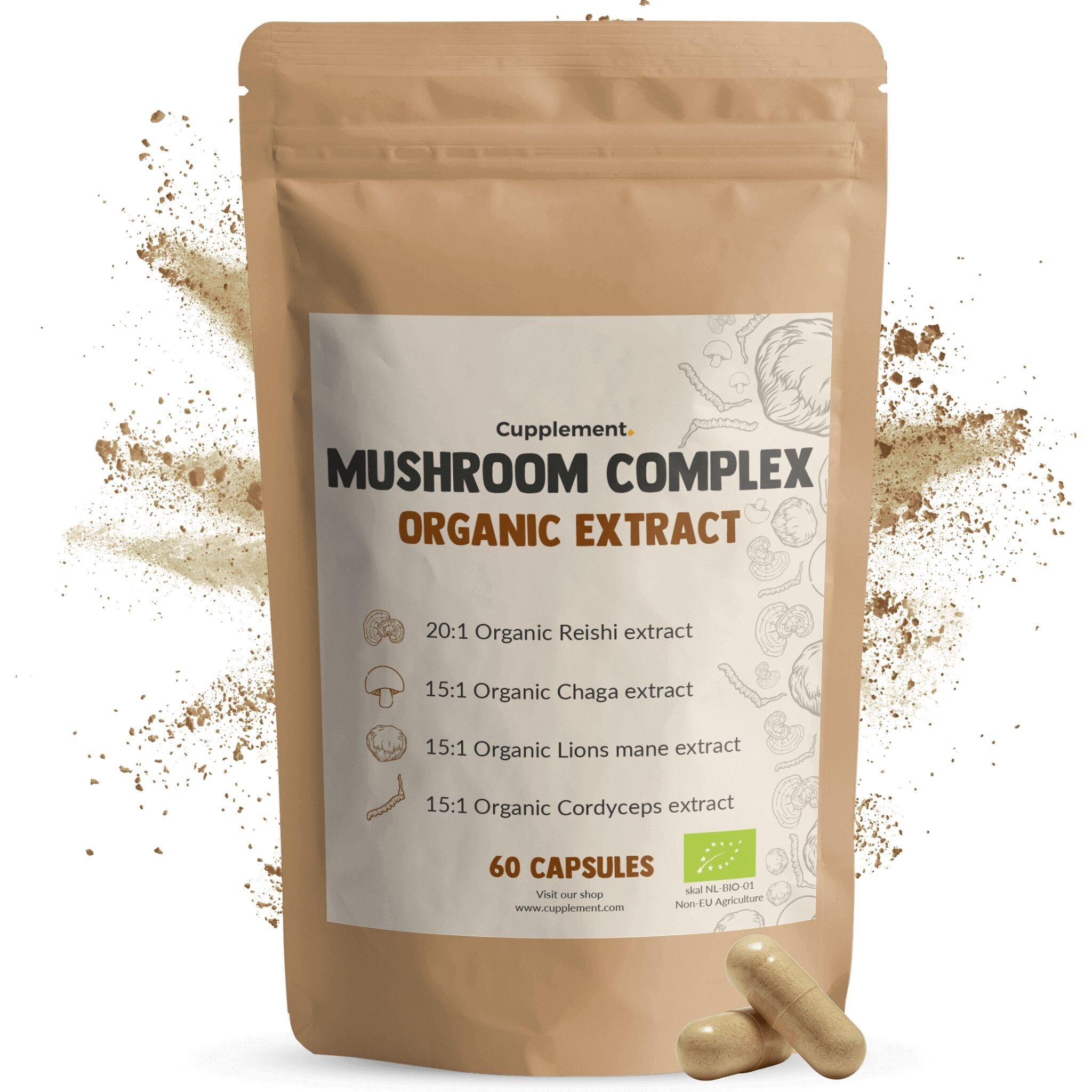 Complejo de Hongos Cupplement 400 mg - Extracto orgánico de Melena de León, Cordyceps, Reishi y Chaga - Energía y Sistema Inmunitario - Suministro para 60 días por bolsa