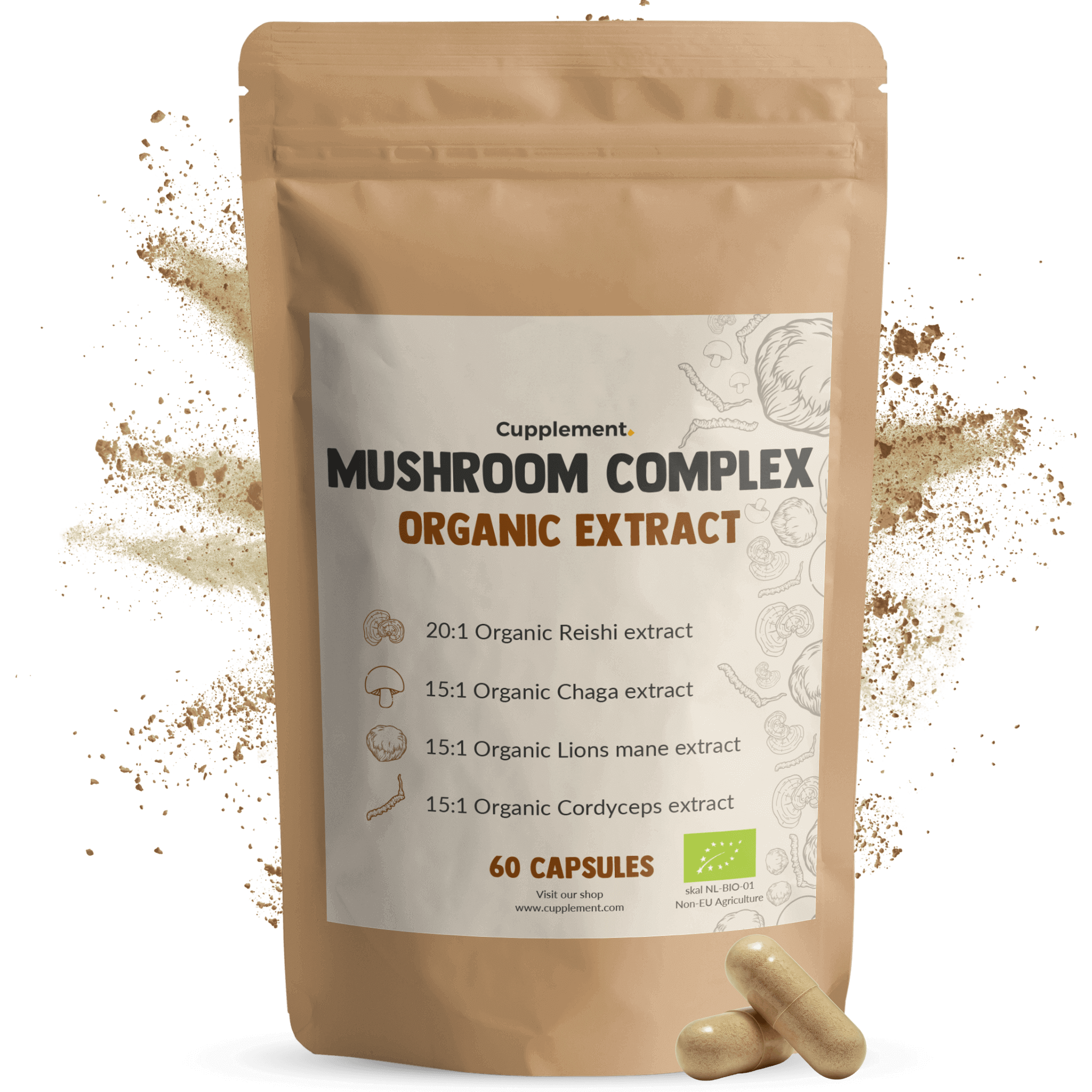 GOYU Mushroom Complex 400 mg - Organic Lion’s Mane, Cordyceps, Reishi & Chaga Extract – Energy & Immune System - 60-day supply per sachet