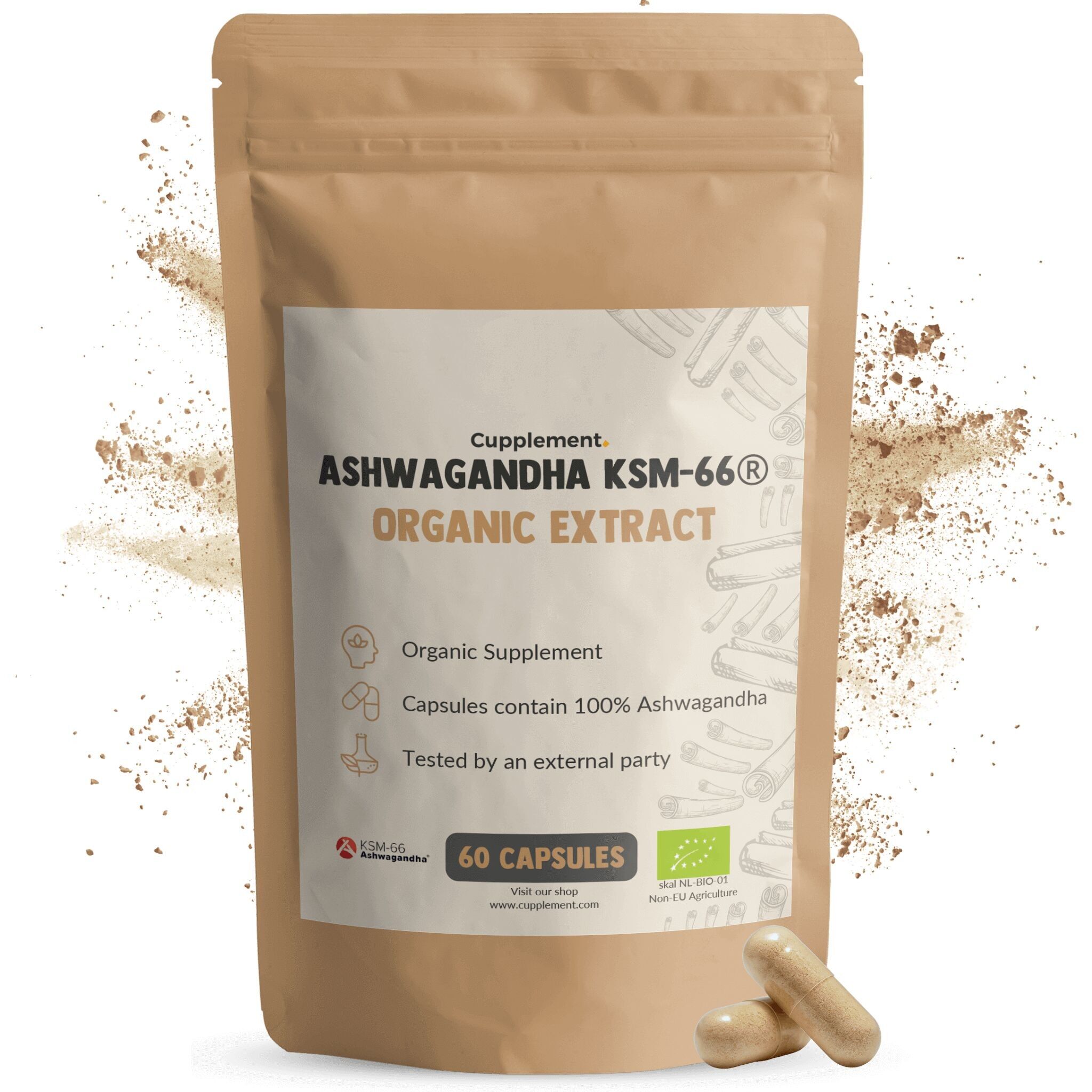 Complemento Ashwagandha KSM-66 500 mg - Estrés - Suministro para 60 días por bolsa