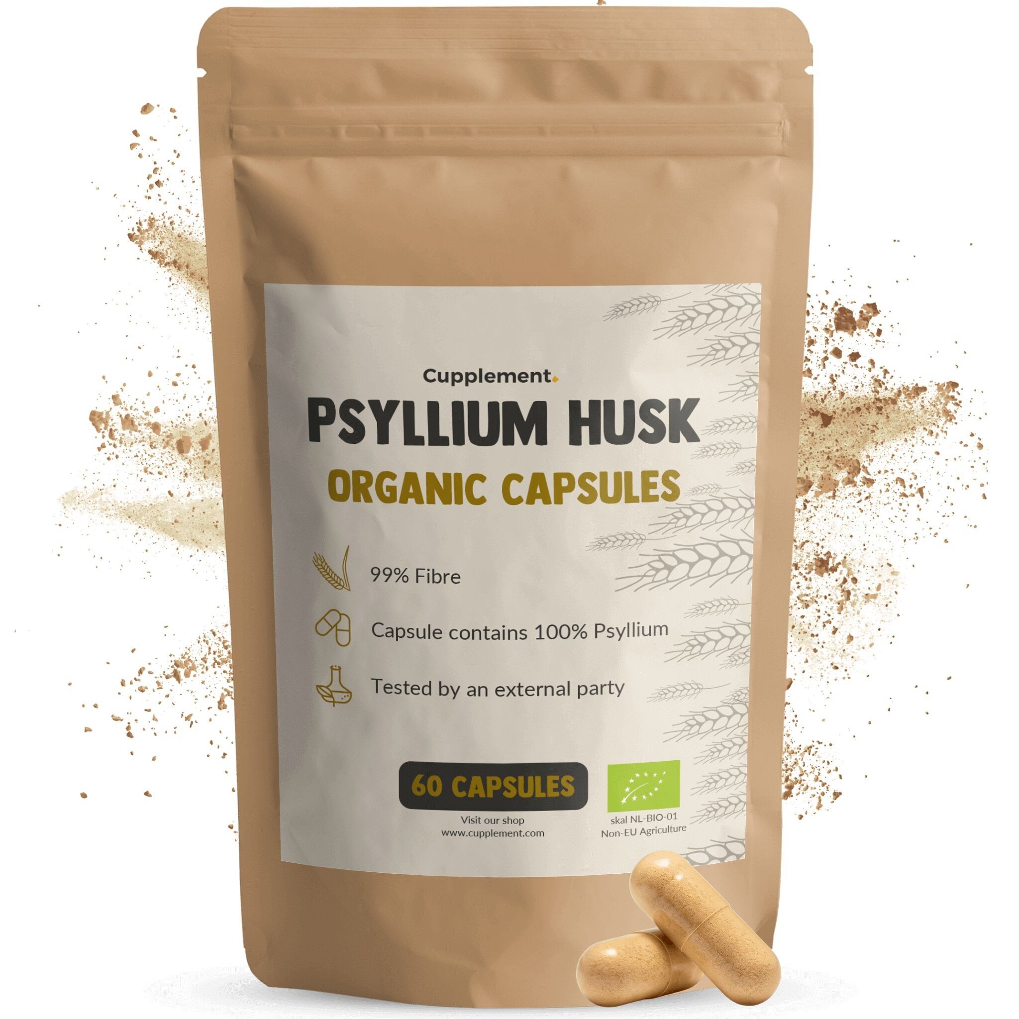 Complemento de fibra de psyllium 500 mg - Fibra de semilla de psyllium - Salud intestinal - Suministro para 60 días por bolsa