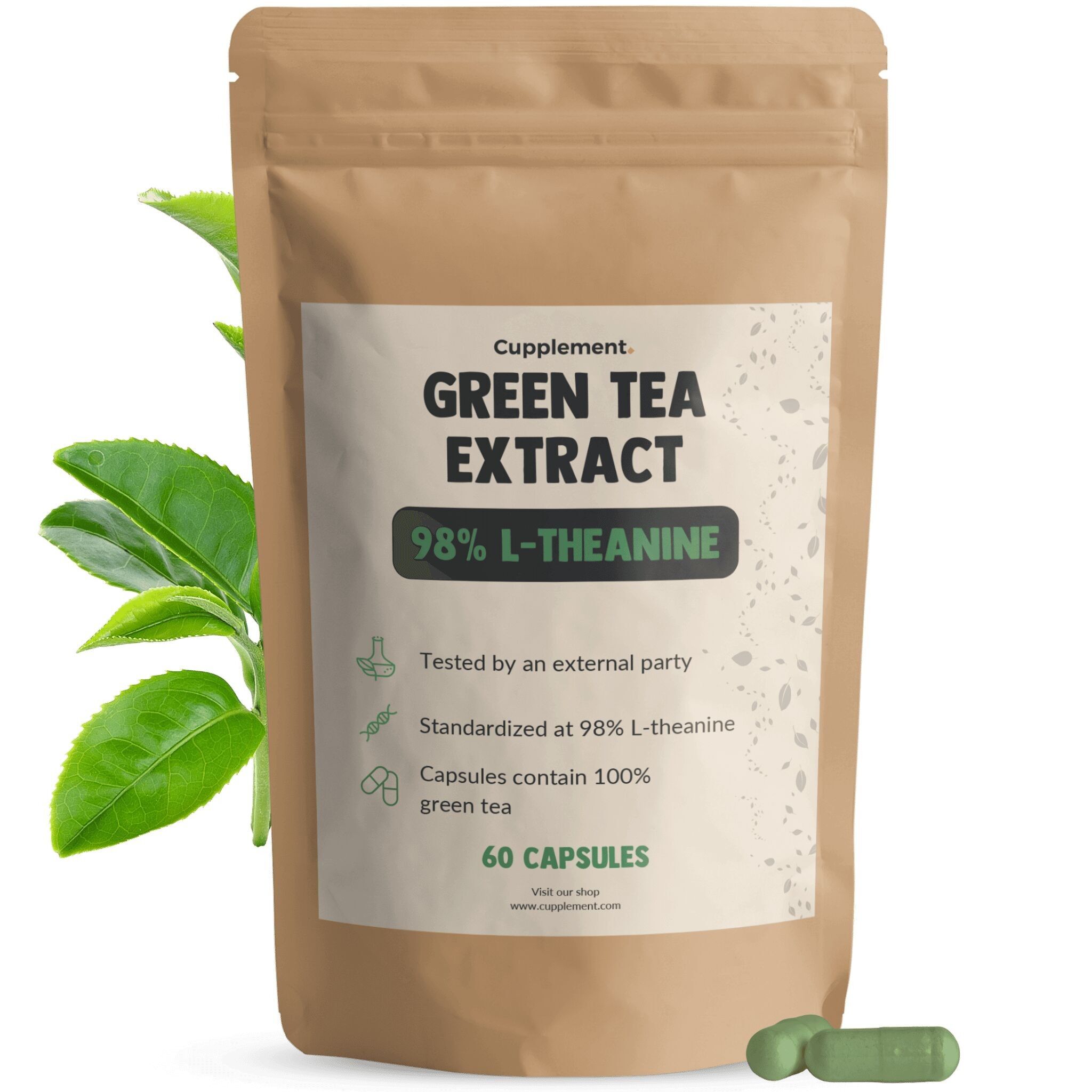 Extracto de té verde complementario 500 mg (L-teanina) - 98 % de L-teanina - Metabolismo de las grasas - Suministro para 60 días por bolsa