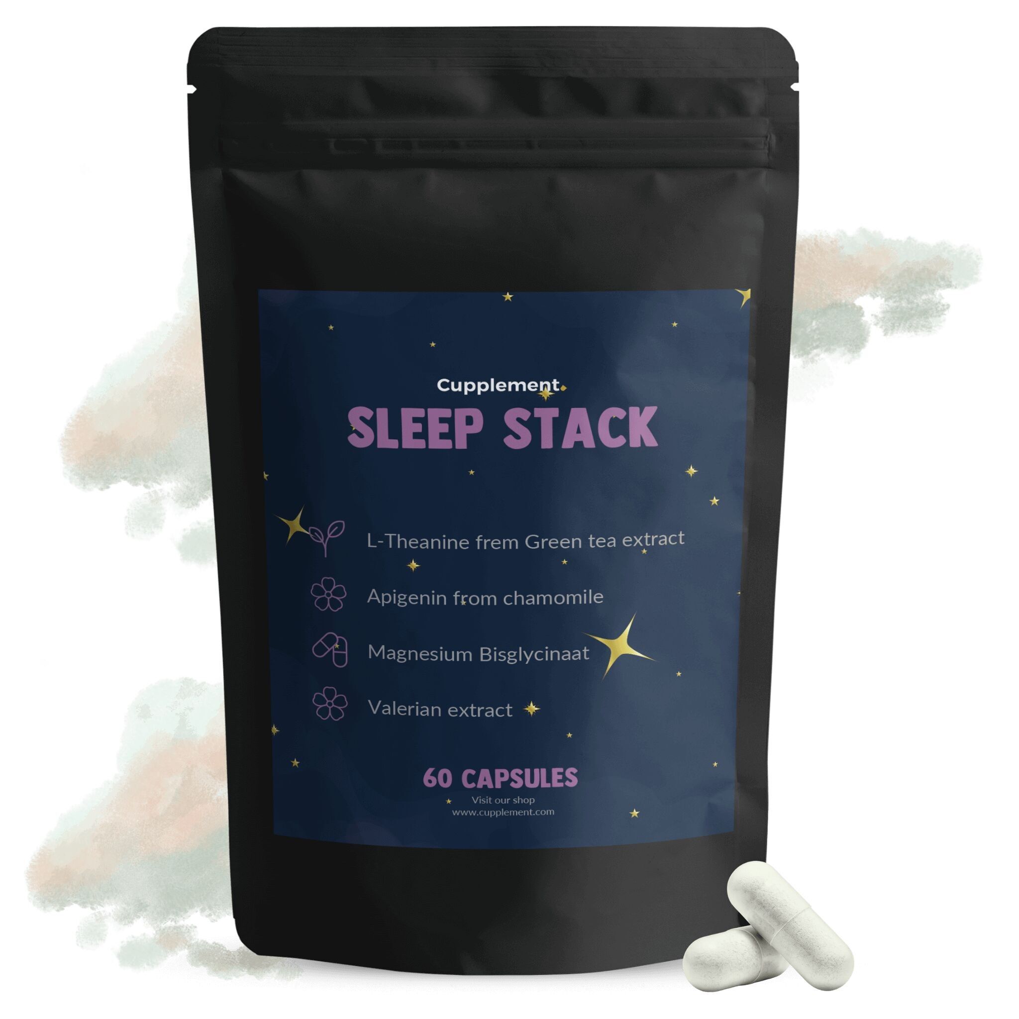 Complemento Sleep Stack 60 395 mg - Sueño reparador - Sin adicción - Extracto de té verde (98 % de teanina) - Bisglicinato de magnesio - Extracto de valeriana - Apigenina - Suministro para 60 días por bolsa