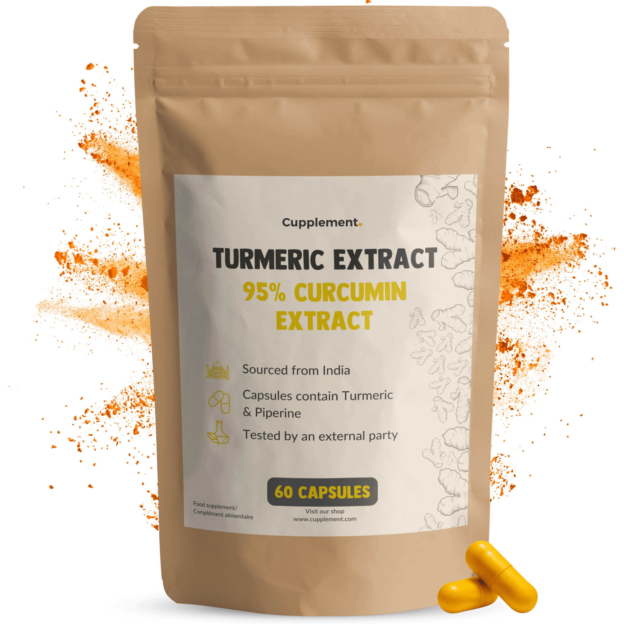 Cupplement Curcumin 95% Extract 500 MG - With Black Pepper - Resistance - Turmeric - 40 days supply per bag