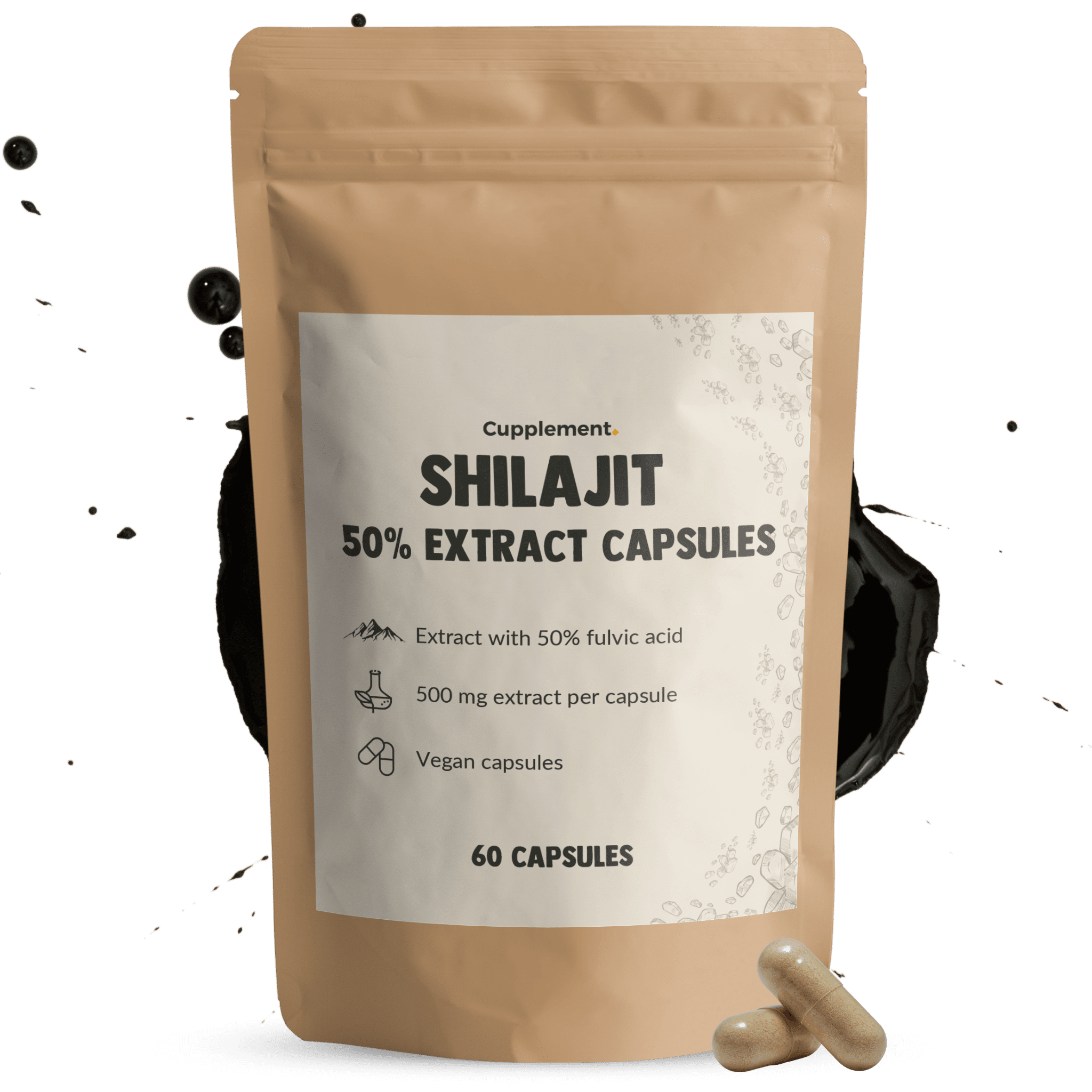 Extracto de Shilajit (50%) 500 mg - Himalaya Mumijo - Energía - Suministro para 30 días por bolsa