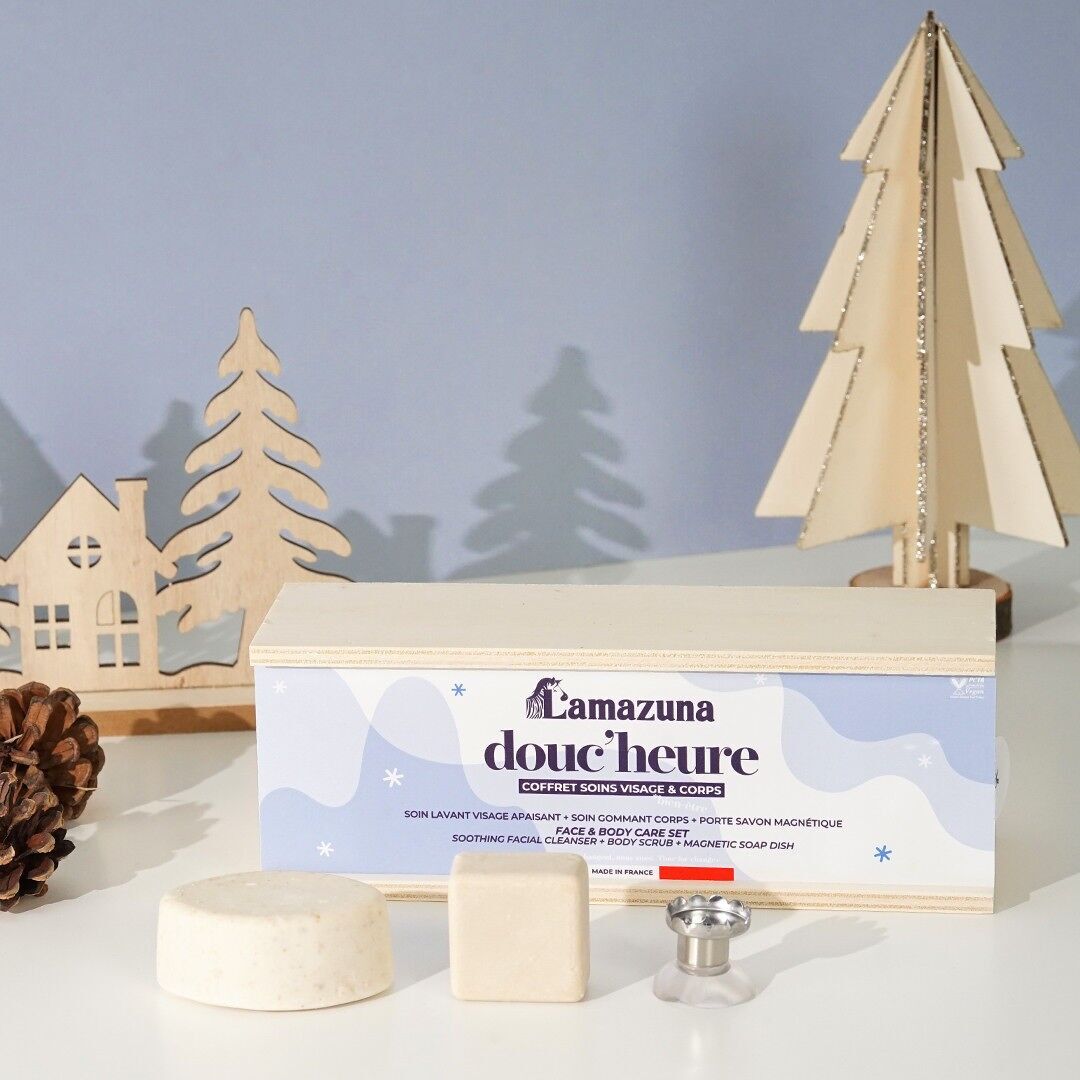 Set de regalo Douc'heure: exfoliante corporal, limpiador facial envolvente y jabonera magnética