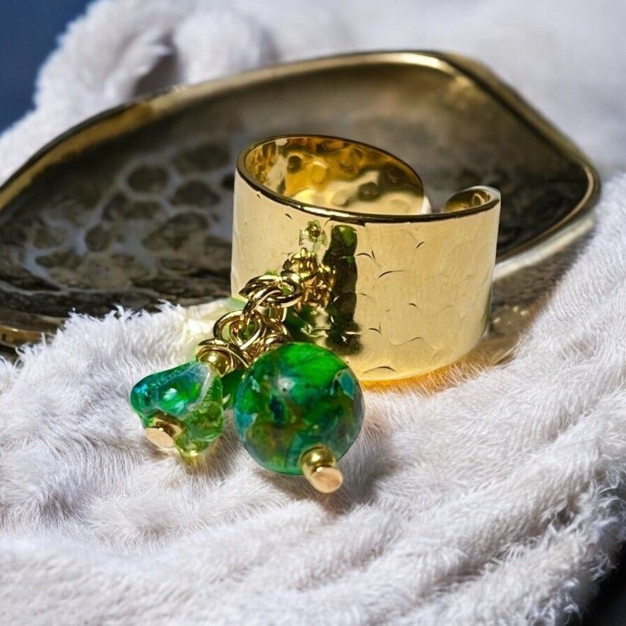 Anello "OLIVIA" dorato fino con pietra di Diaspro e paillettes smaltate