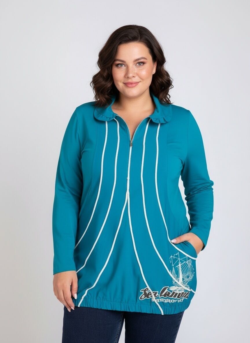 Tunique bleu grande taille avec nervures et imprimé (A560)