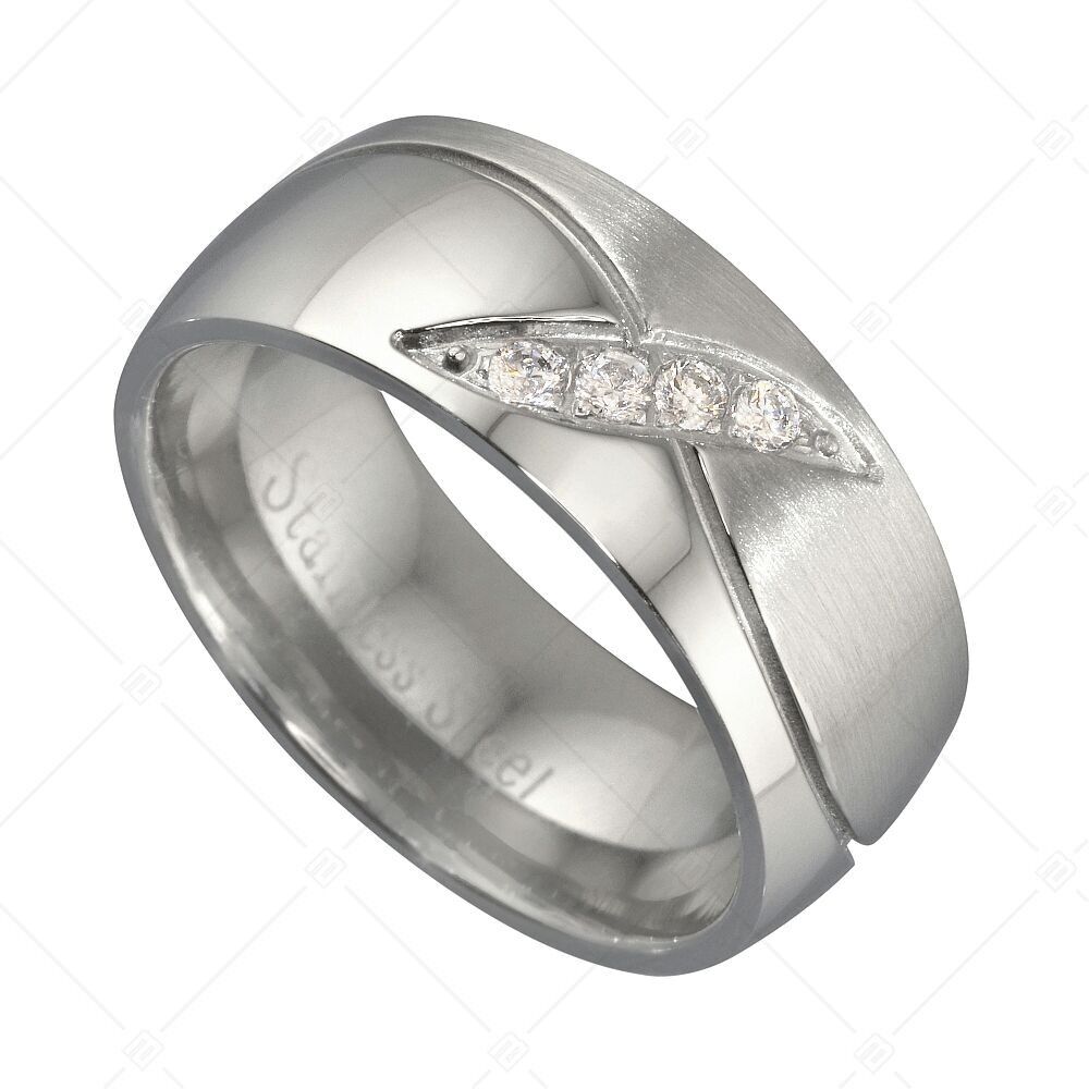 Anillo de acero inoxidable pulido y cepillado, superficie mate, con piedras preciosas de circonita cúbica.