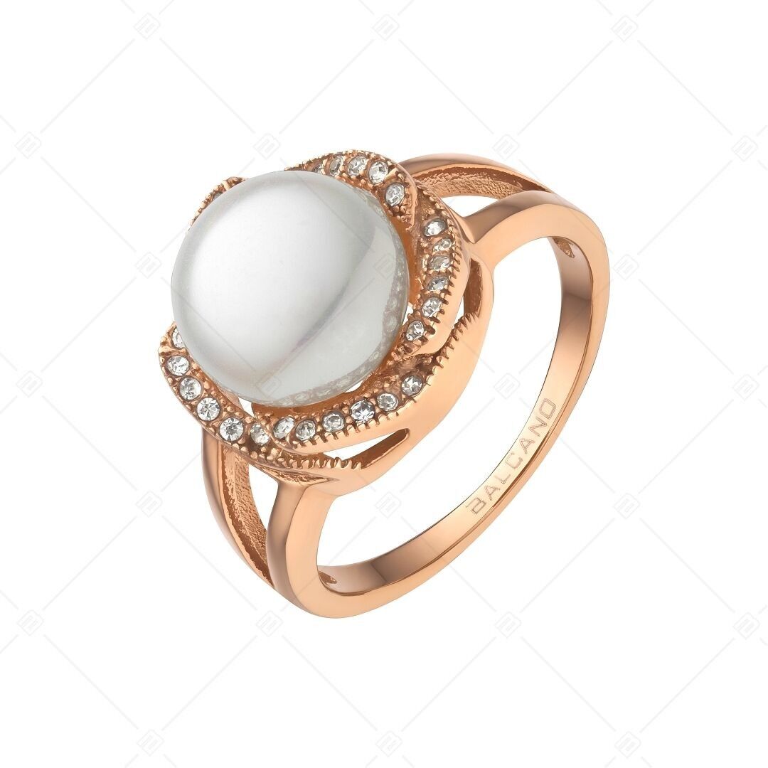 BALCANO - Serena / Bague en acier inoxydable avec perle coquillage, plaquée or rose 18 carats et pierres précieuses en oxyde de zirconium