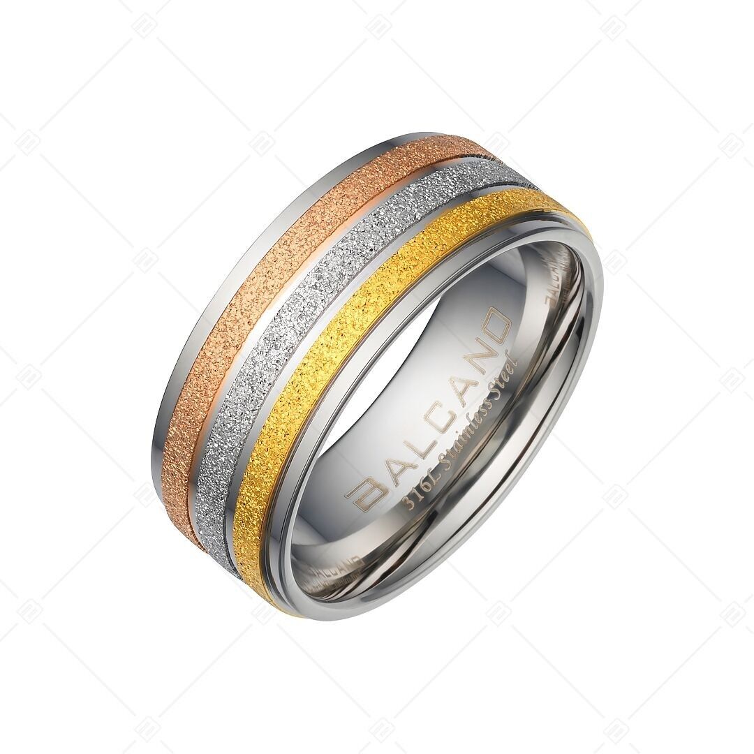 BALCANO - Anello Tricolore / Acciaio Inossidabile con Glittercut e Corsie Tricolore Oro 18K e Placcato Oro Rosa