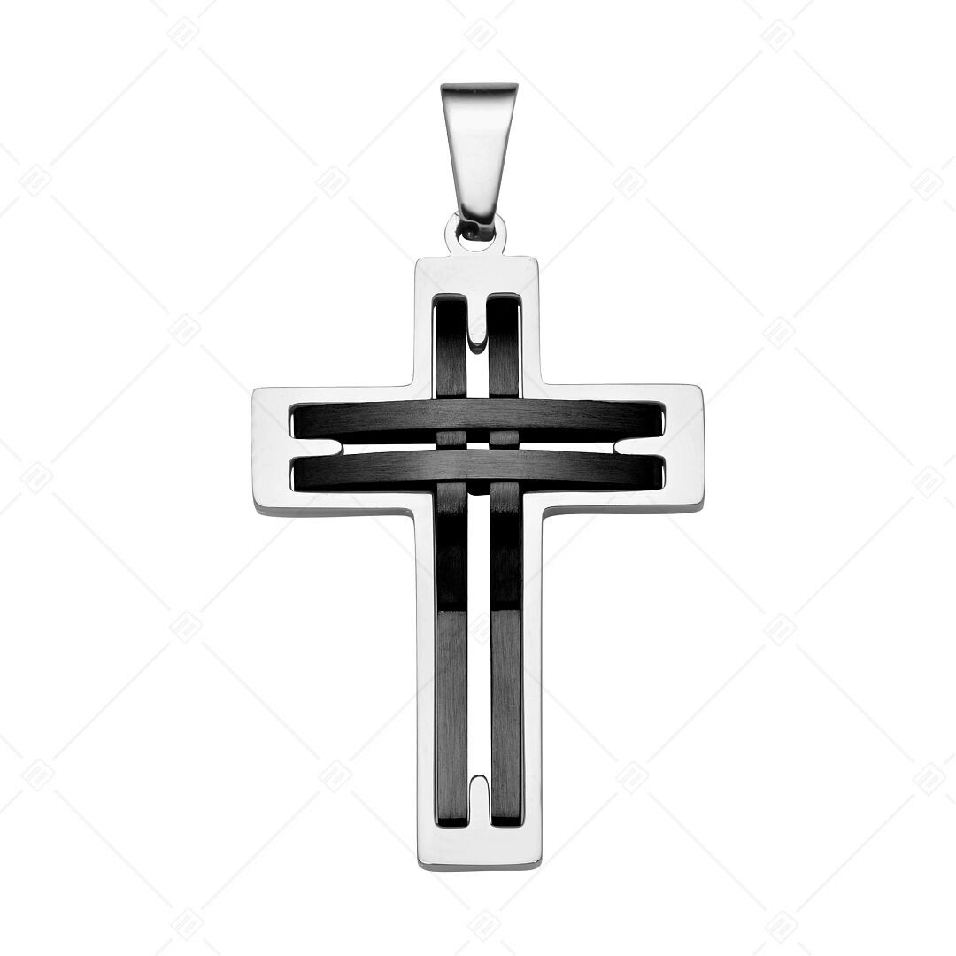 BALCANO - Sfonda / Colgante de cruz de acero inoxidable con diseño calado, baño de PVD negro
