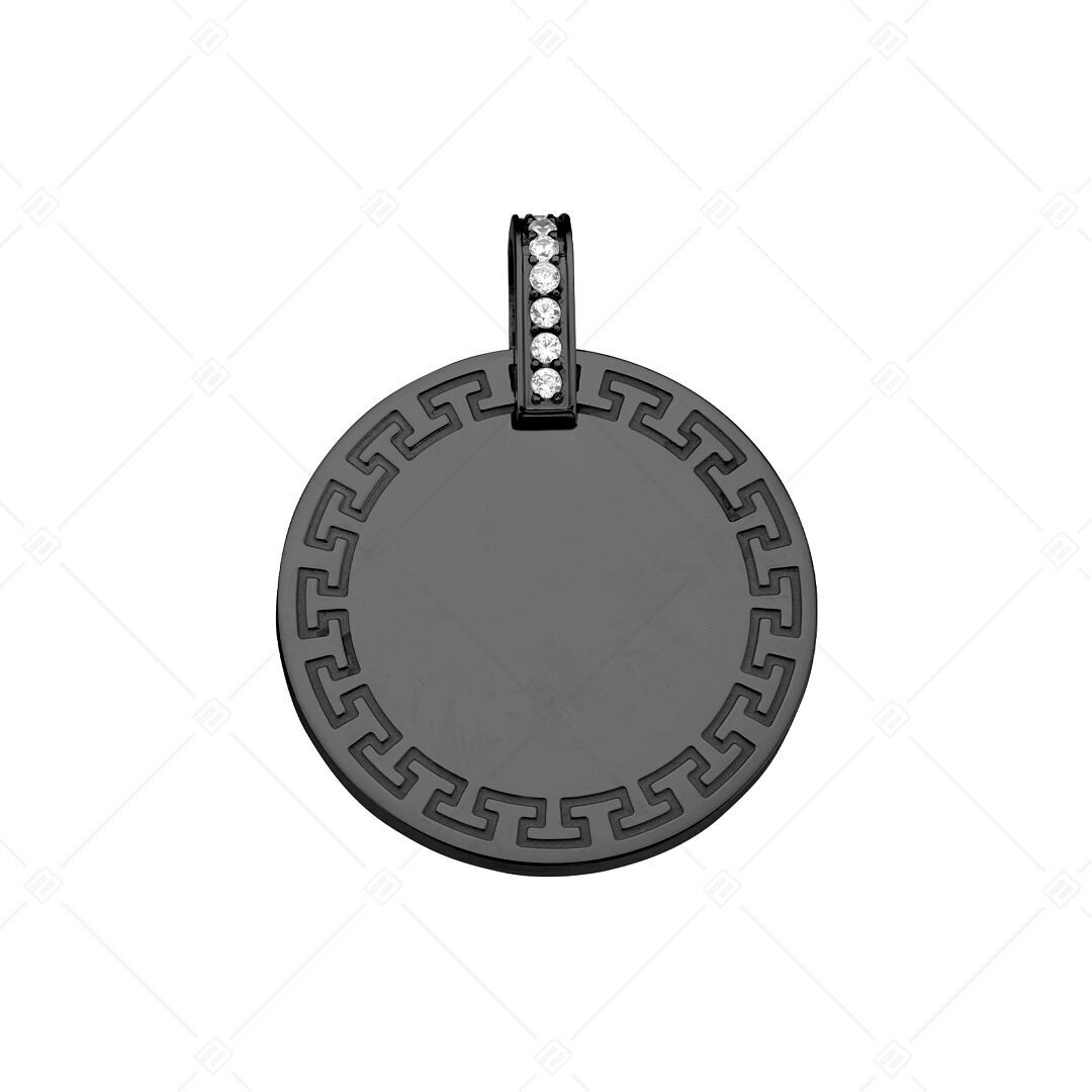 BALCANO - Mínea / Colgante redondo con diseño griego, circonitas y baño de PVD negro
