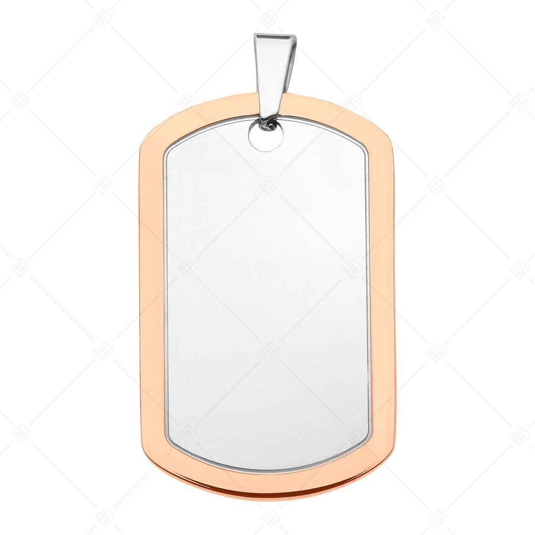 BALCANO - Colgante rectangular redondeado de acero inoxidable grabable con placa de identificación, pulido brillante y chapado en oro rosa de 18 quilates.
