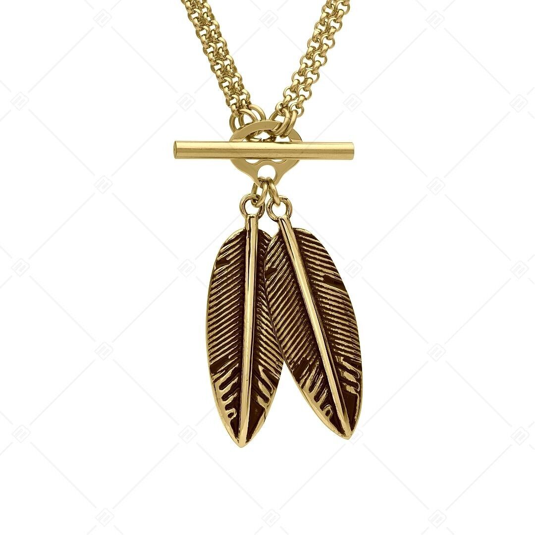 BALCANO - Pluma / Collier double Belcher avec pendentif deux plumes en acier inoxydable, plaqué or 18 carats