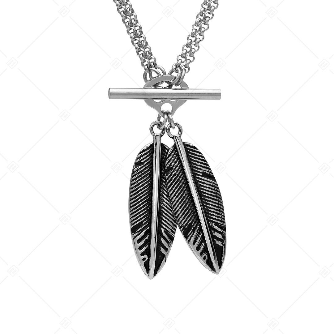BALCANO - Pluma / Collier double Belcher avec pendentif deux plumes en acier inoxydable, finition polie brillante