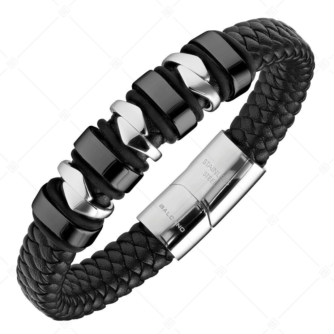 BALCANO - Hunter / Braided Leather Bracelet With Multi-Part Stainless Steel Headpiece, Black PVD Plated