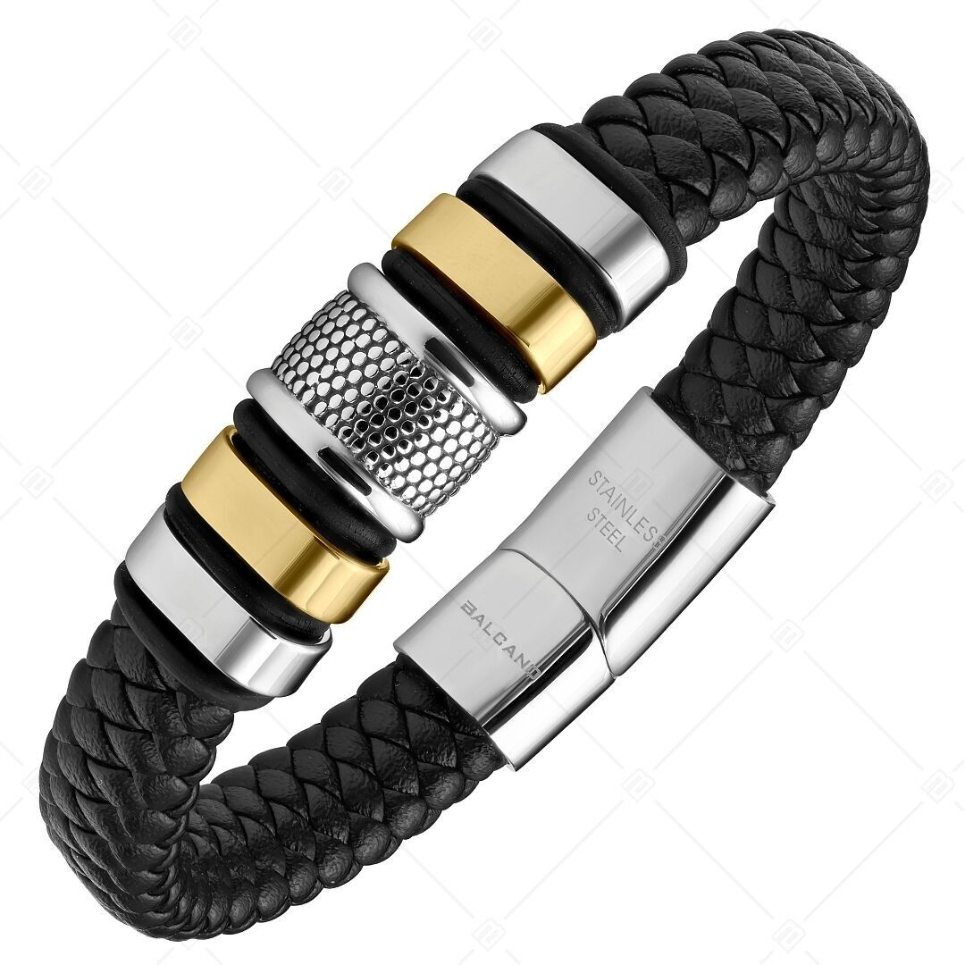 BALCANO - Harvey / Braided Leather Bracelet With Multi-Part Stainless Steel Headpiece, 18K Gold Plated