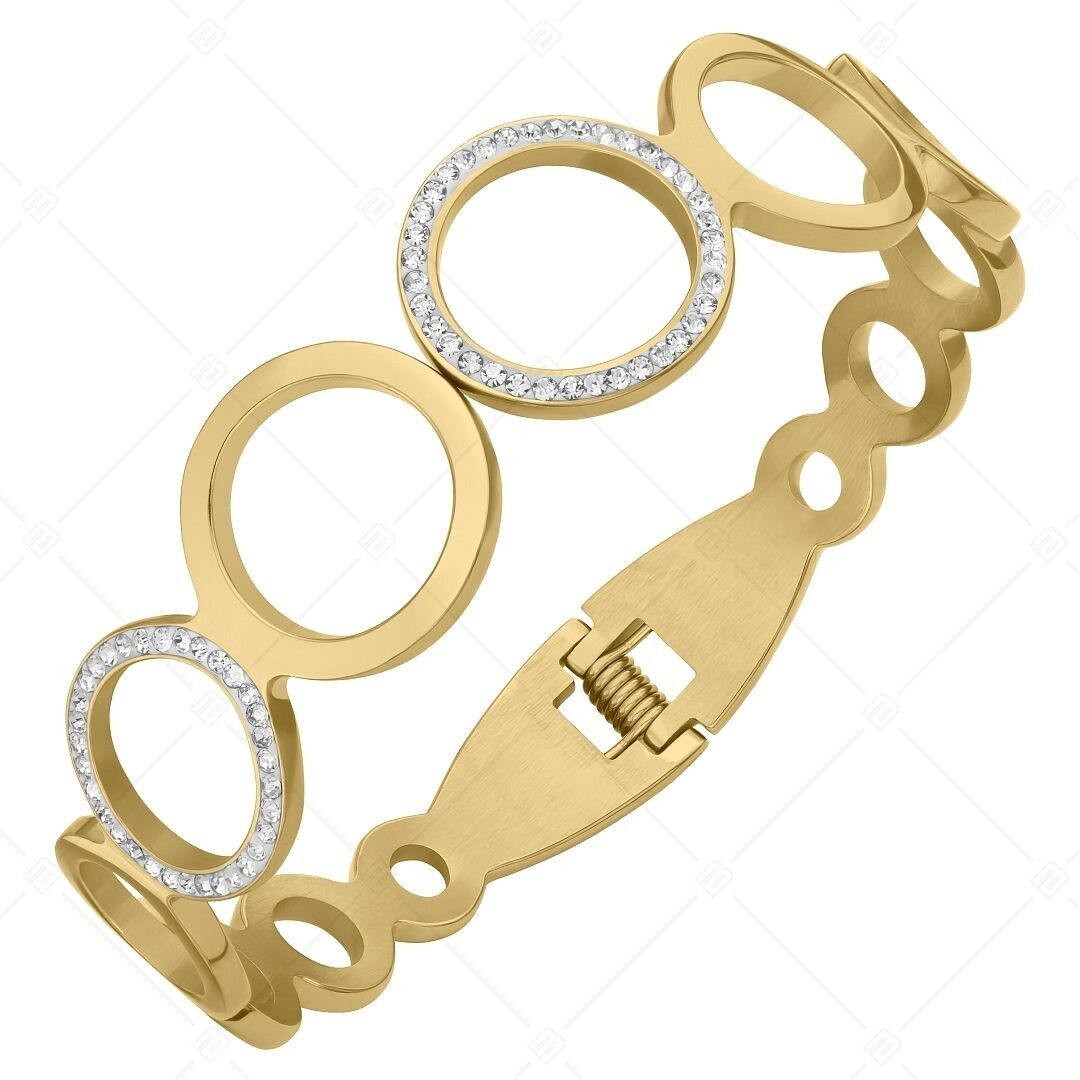 BALCANO - Brazalete Belle de acero inoxidable con alto brillo y cristales cilíndricos, chapado en oro de 18 quilates.