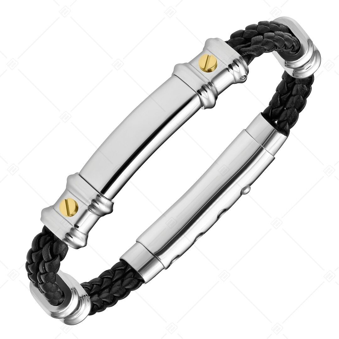 BALCANO - Nicky / Pulsera de cuero trenzado de doble hilera con tocado de acero inoxidable grabable