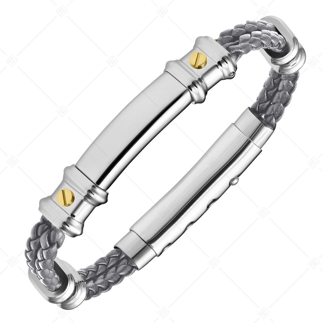 BALCANO - Nicky / Pulsera de cuero trenzado de doble hilera con tocado de acero inoxidable grabable