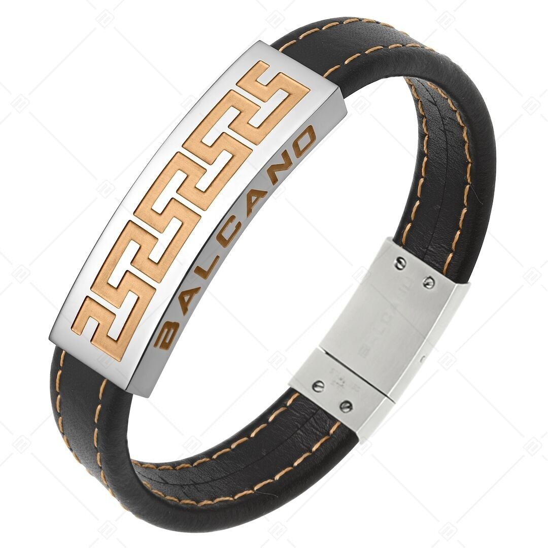 BALCANO - Lorenzo / Pulsera de cuero con motivo griego y tocado de acero inoxidable